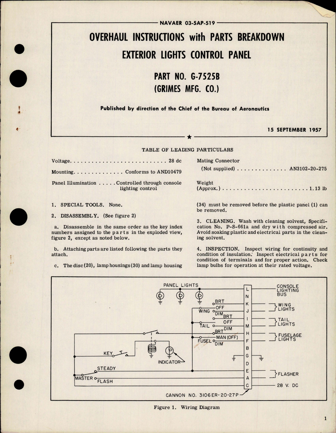 Sample page 1 from AirCorps Library document: Overhaul Instructions with Parts Breakdown for Exterior Lights Control Panel - Part G-7525B 
