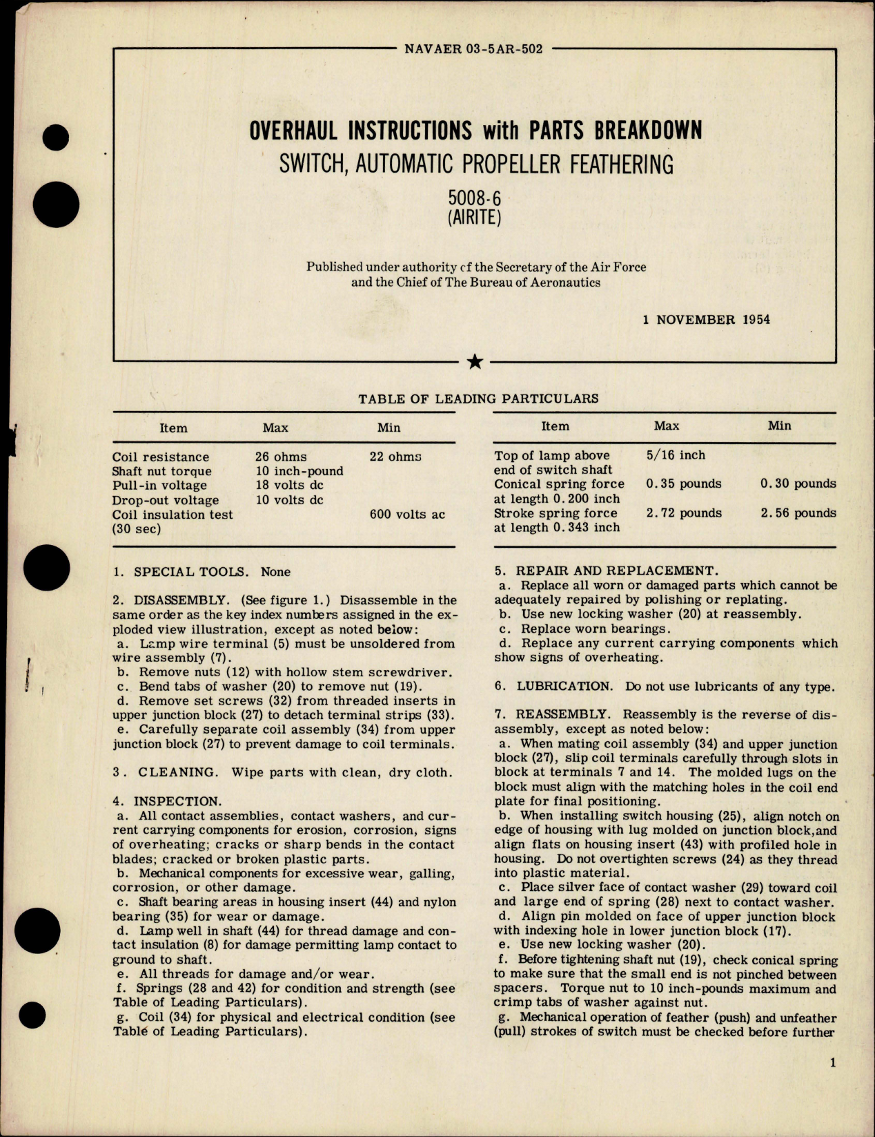 Sample page 1 from AirCorps Library document: Overhaul Instructions with Parts Breakdown for Automatic Propeller Feathering Switch - 5008-6 