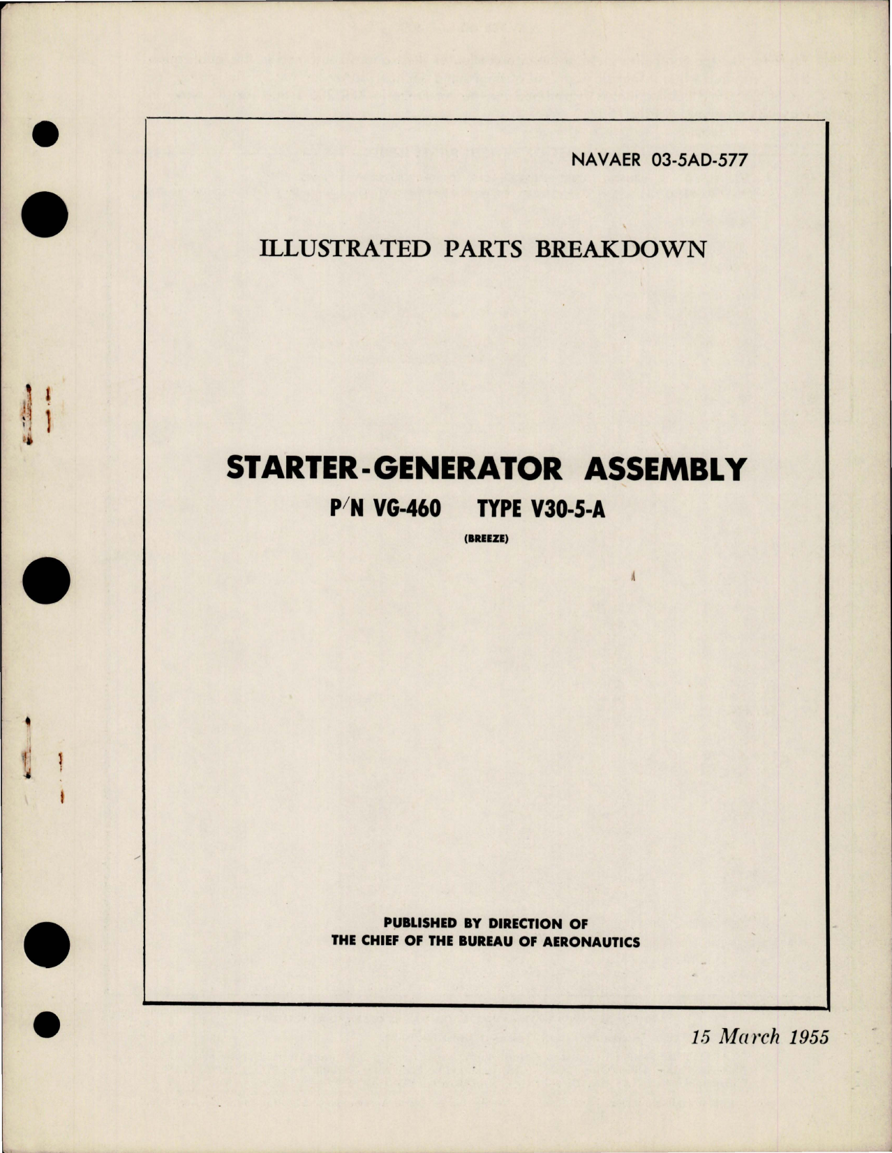 Sample page 1 from AirCorps Library document: Illustrated Parts Breakdown - Starter Generator Assembly - Part VG-460, Type V30-5-A