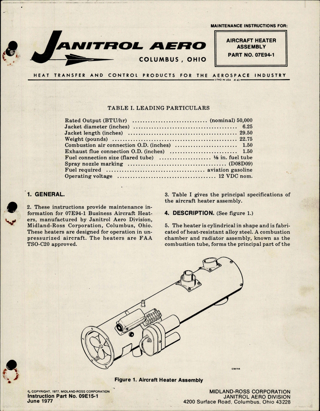 Sample page 1 from AirCorps Library document: Maintenance Instructions for Aircraft Heater Assembly - Part 07E94-1 