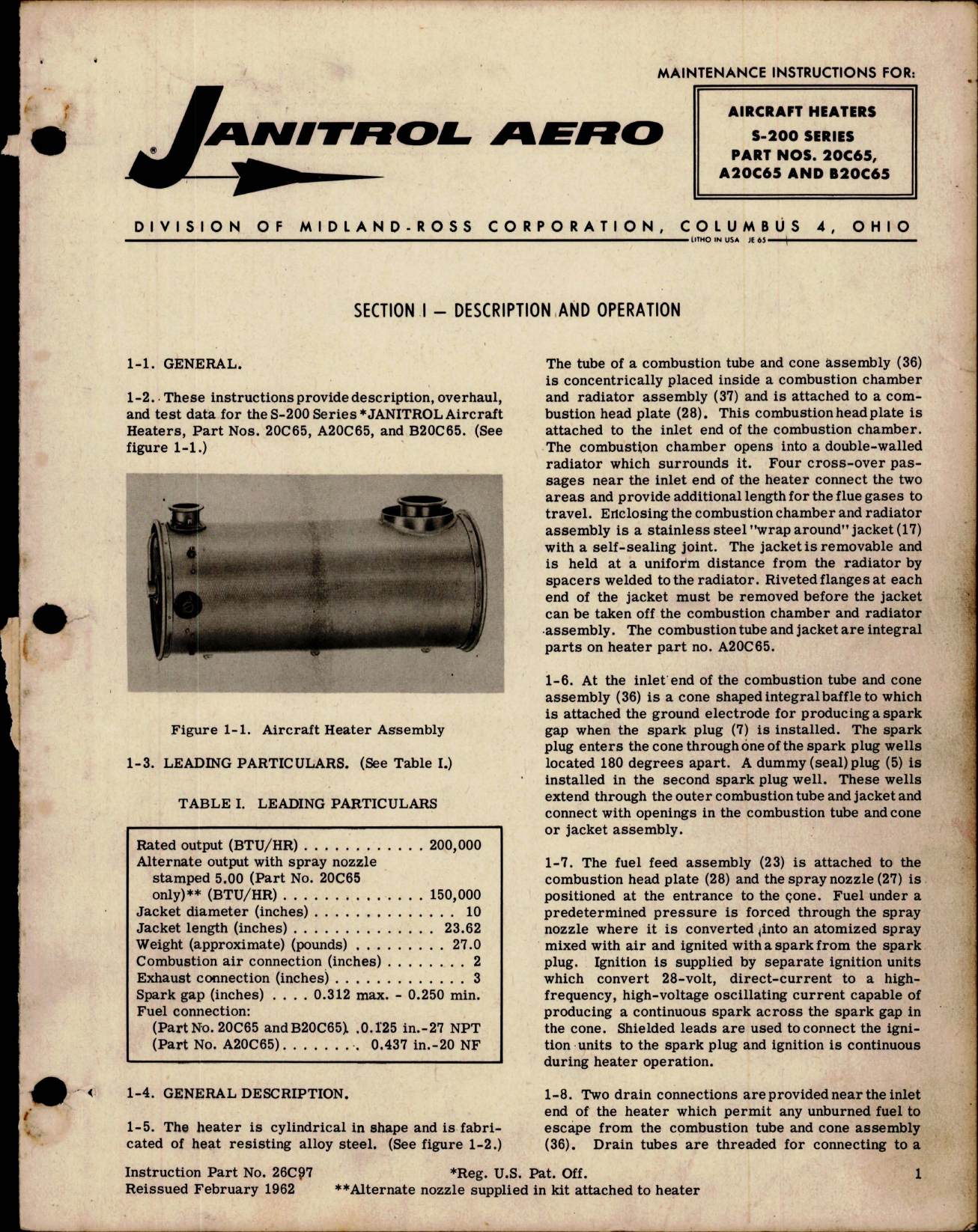 Sample page 1 from AirCorps Library document: Maintenance Instructions for Aircraft Heaters S-200 Series - Parts 20C65, A20C65 and B20C65 