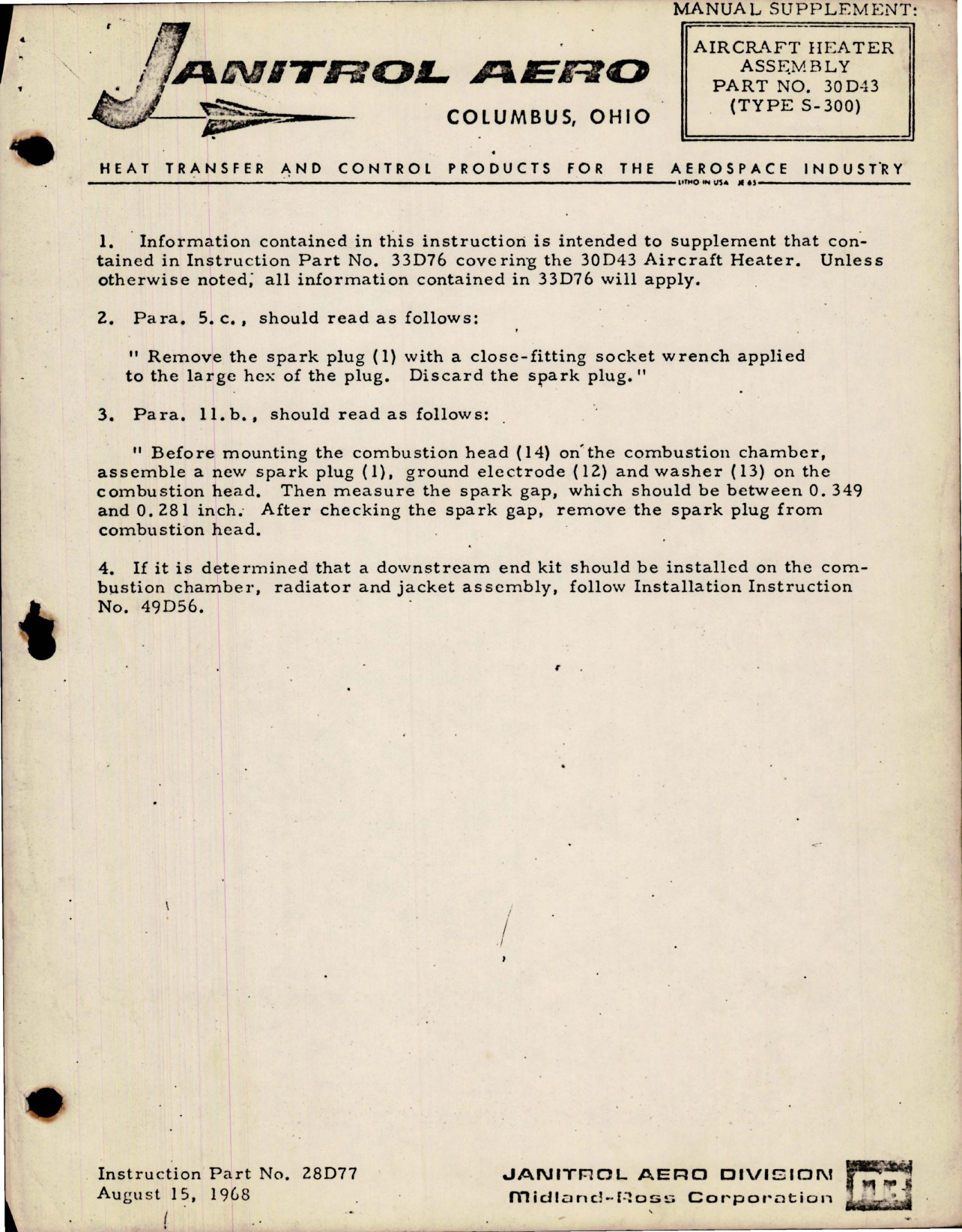 Sample page 1 from AirCorps Library document: Manual Supplement for Aircraft Heater Assembly Type S-300 - Part 30D43 