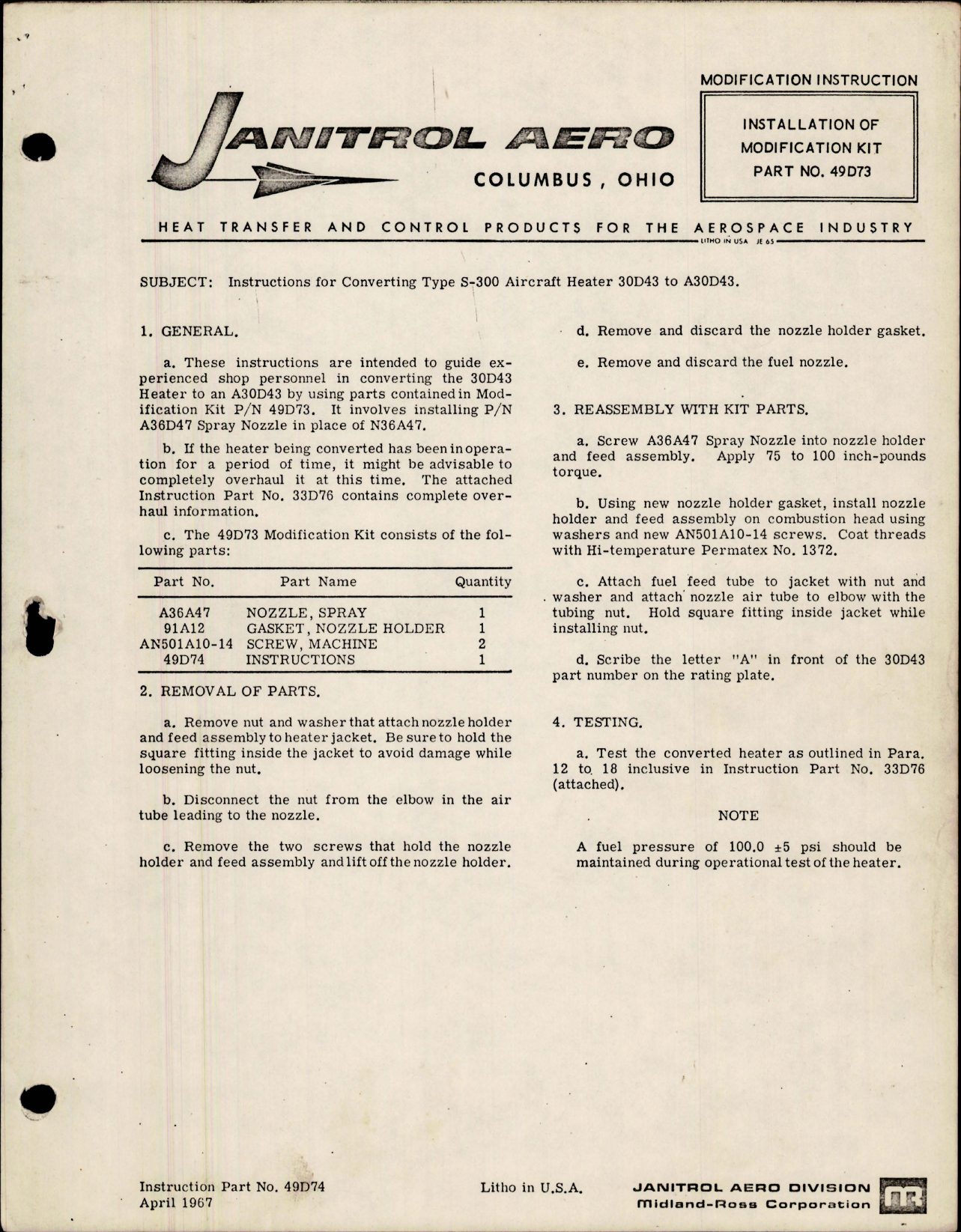 Sample page 1 from AirCorps Library document: Modification Instruction for Installation of Modification Kit for Aircraft Heater - Part 49D73 