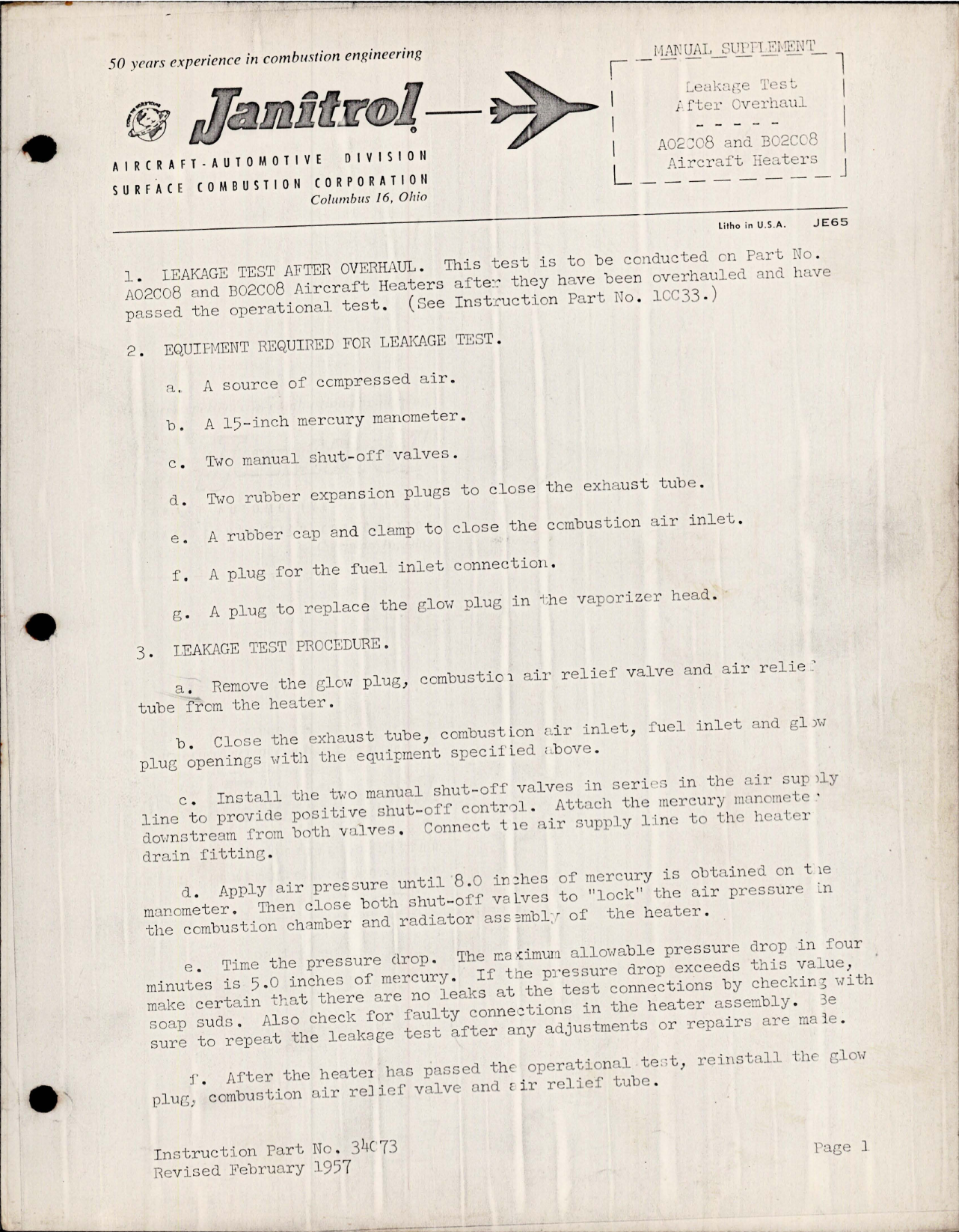 Sample page 1 from AirCorps Library document: Supplement to Aircraft Heaters for Leakage Test after Overhaul - A02C08 and B02C08