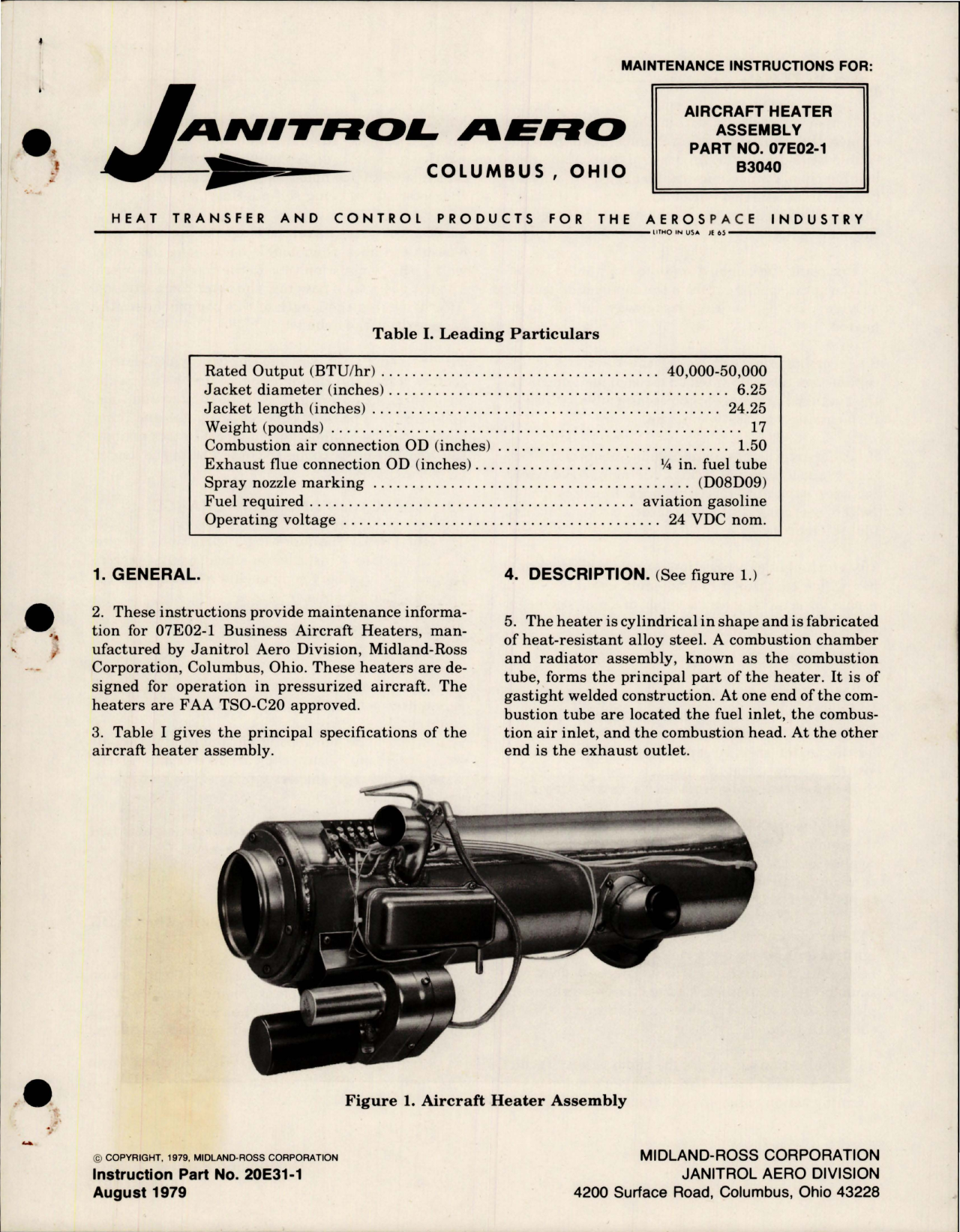 Sample page 1 from AirCorps Library document: Maintenance Instructions for Aircraft Heater Assembly - Part 07E02-1 - B3040 