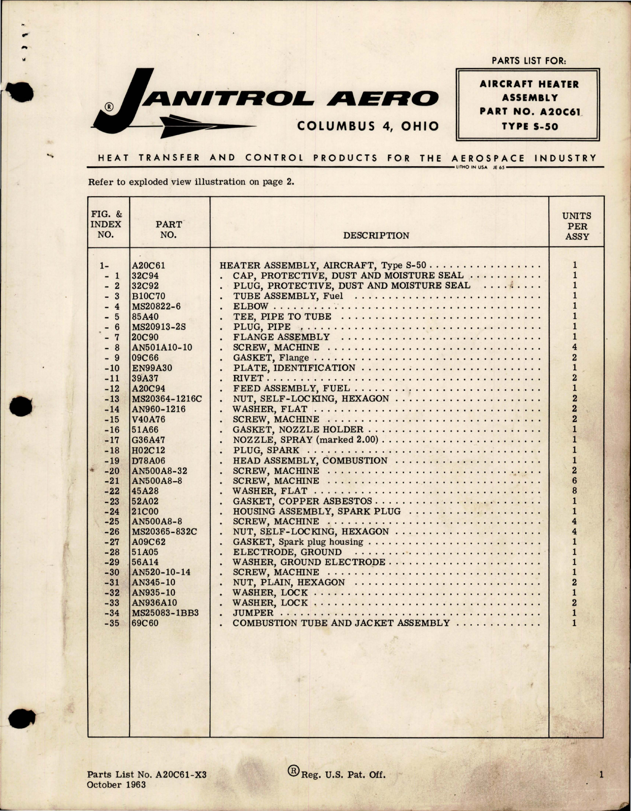 Sample page 1 from AirCorps Library document: Parts List for Aircraft Heater Assembly - Part A20C61 - Type S-50 