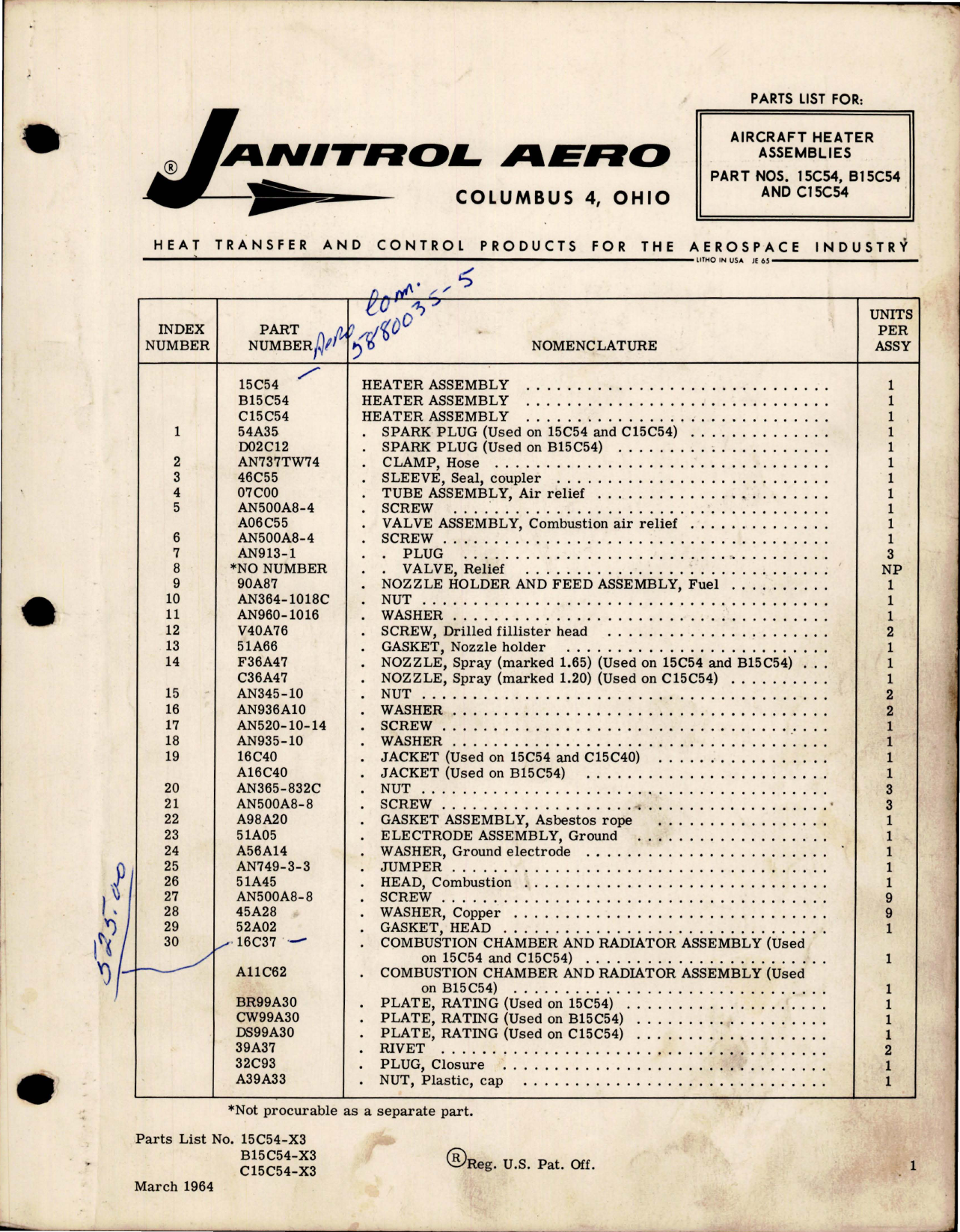 Sample page 1 from AirCorps Library document: Parts List for Aircraft Heater Assemblies - Parts 15C54, B15C54, and C15C54 