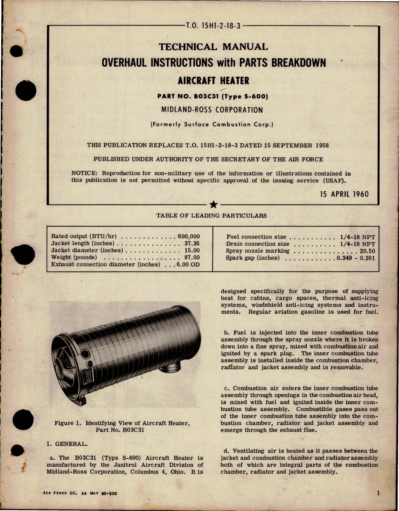 Sample page 1 from AirCorps Library document: Overhaul Instructions with Parts Breakdown for Aircraft Heater - Parts B03C31 - Type S-600 