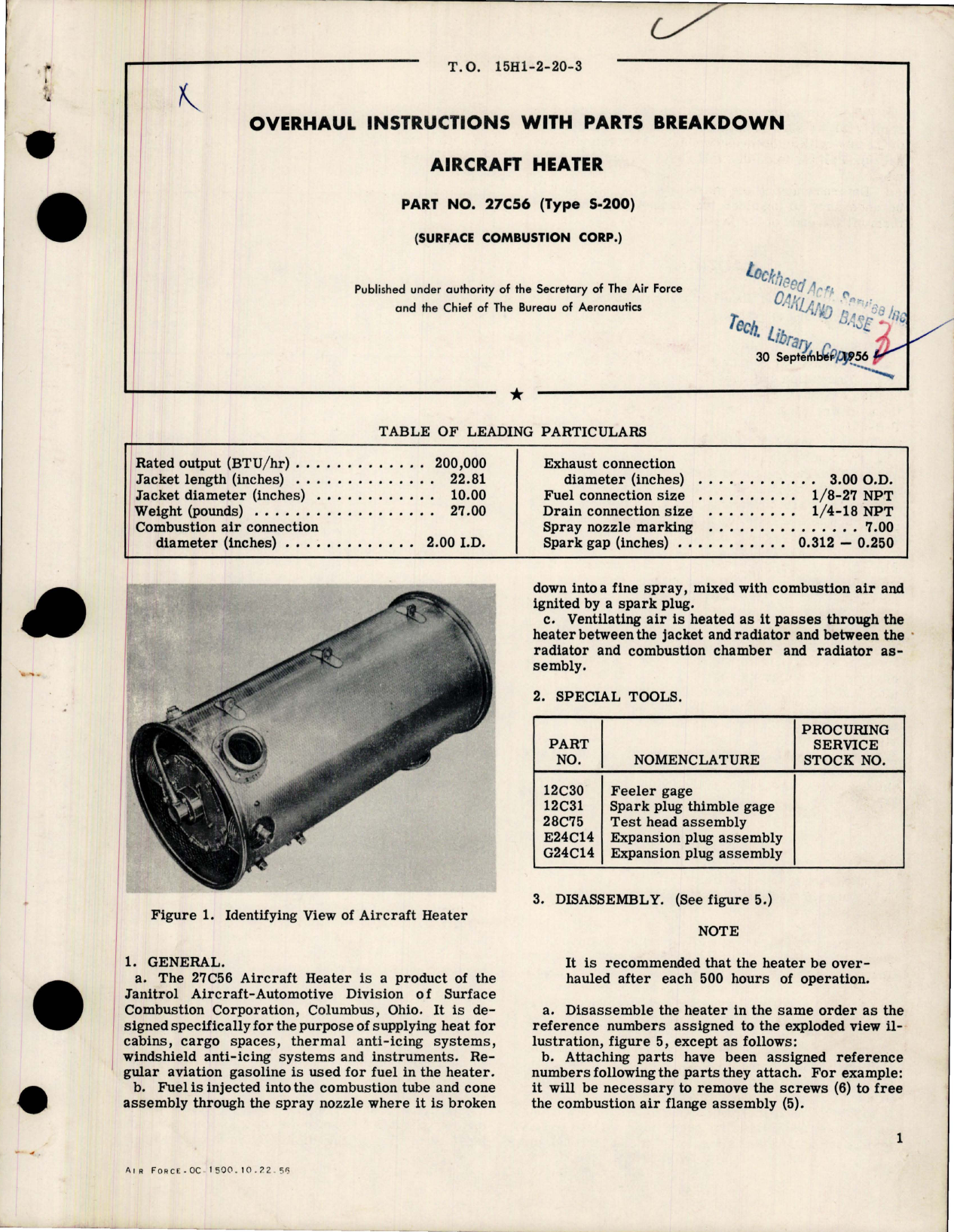 Sample page 1 from AirCorps Library document: Overhaul Instructions with Parts Breakdown for Aircraft Heater - Part 27C56 - Type S-200 