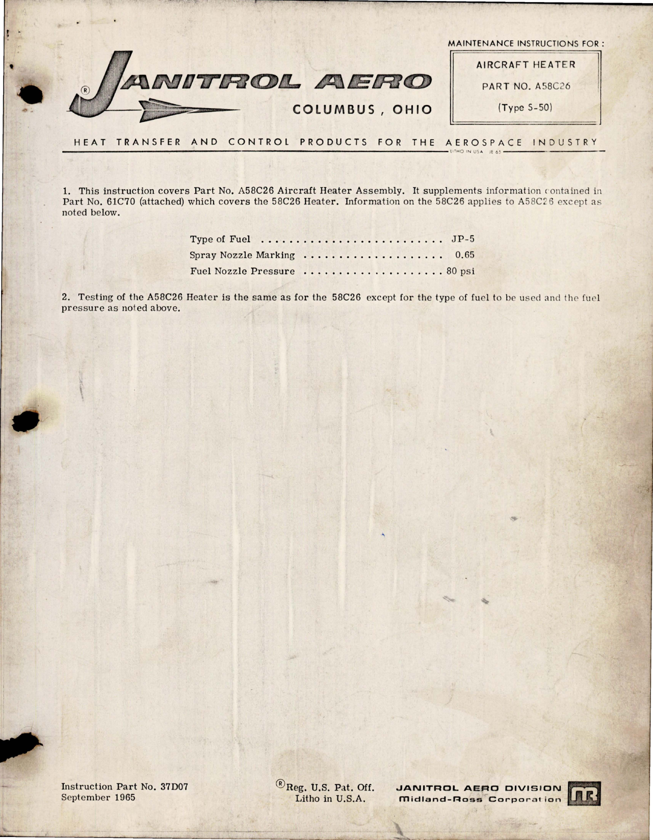 Sample page 1 from AirCorps Library document: Maintenance Instructions for Aircraft Heater - Part A58C26 - Type S-50 