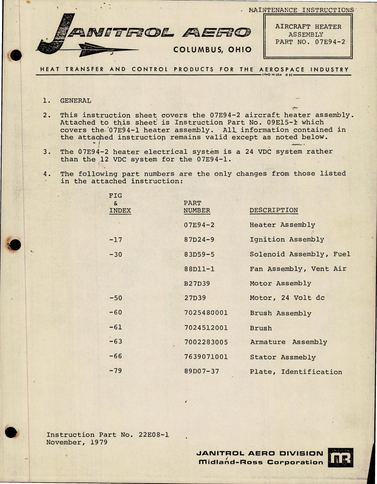 Sample page 1 from AirCorps Library document: Maintenance Instructions for Aircraft Heater Assembly - Part 07E94-2 