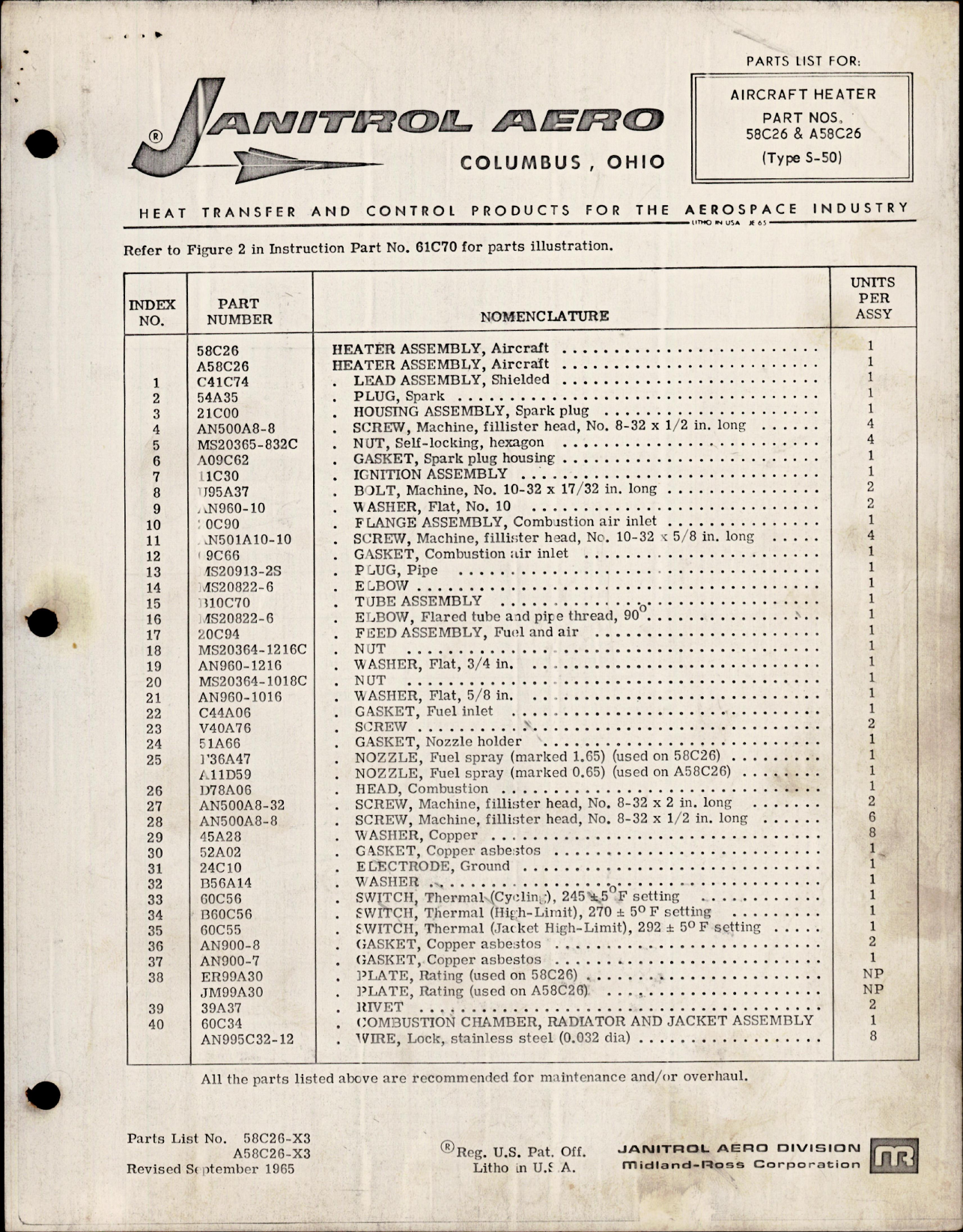 Sample page 1 from AirCorps Library document: Parts List  for Aircraft Heater - Type S-50 - Parts 58C26-X3 and A58C26-X3 
