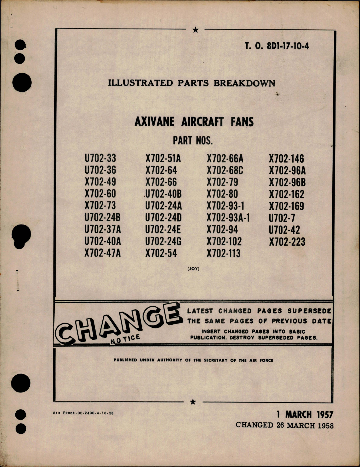 Sample page 1 from AirCorps Library document: Illustrated Parts Breakdown for Axivane Aircraft Fans - Parts U702 and X702 Series 