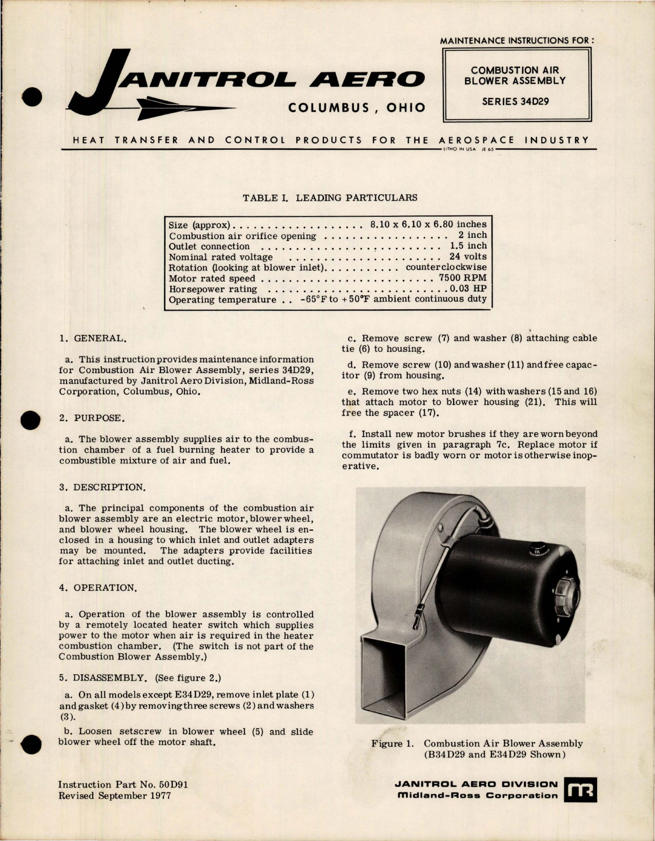 Sample page 1 from AirCorps Library document: Maintenance Instructions for Combustion Air Blower Assembly - Series 34D29