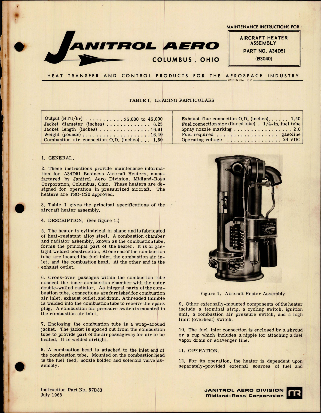 Sample page 1 from AirCorps Library document: Maintenance Instructions for Aircraft Heater Assembly - Part A34D51 - B3040