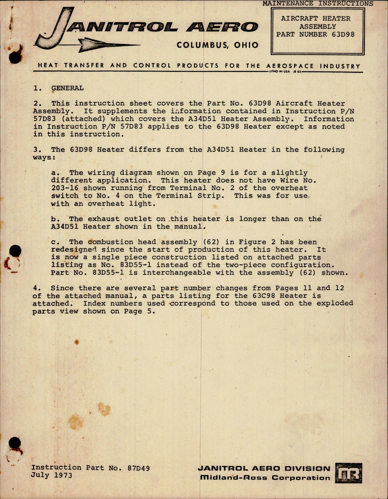 Sample page 1 from AirCorps Library document: Maintenance Instructions for Aircraft Heater Assembly - Part 63D98