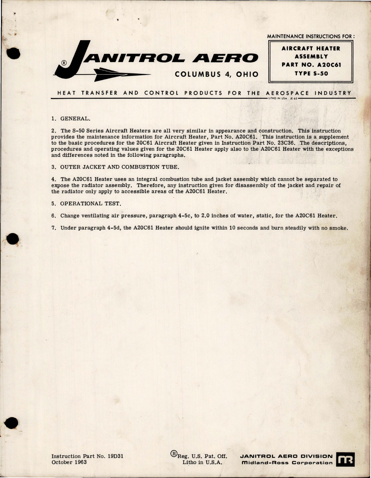 Sample page 1 from AirCorps Library document: Maintenance Instructions for Aircraft Heater Assembly - Part A20C61 - Type S-50