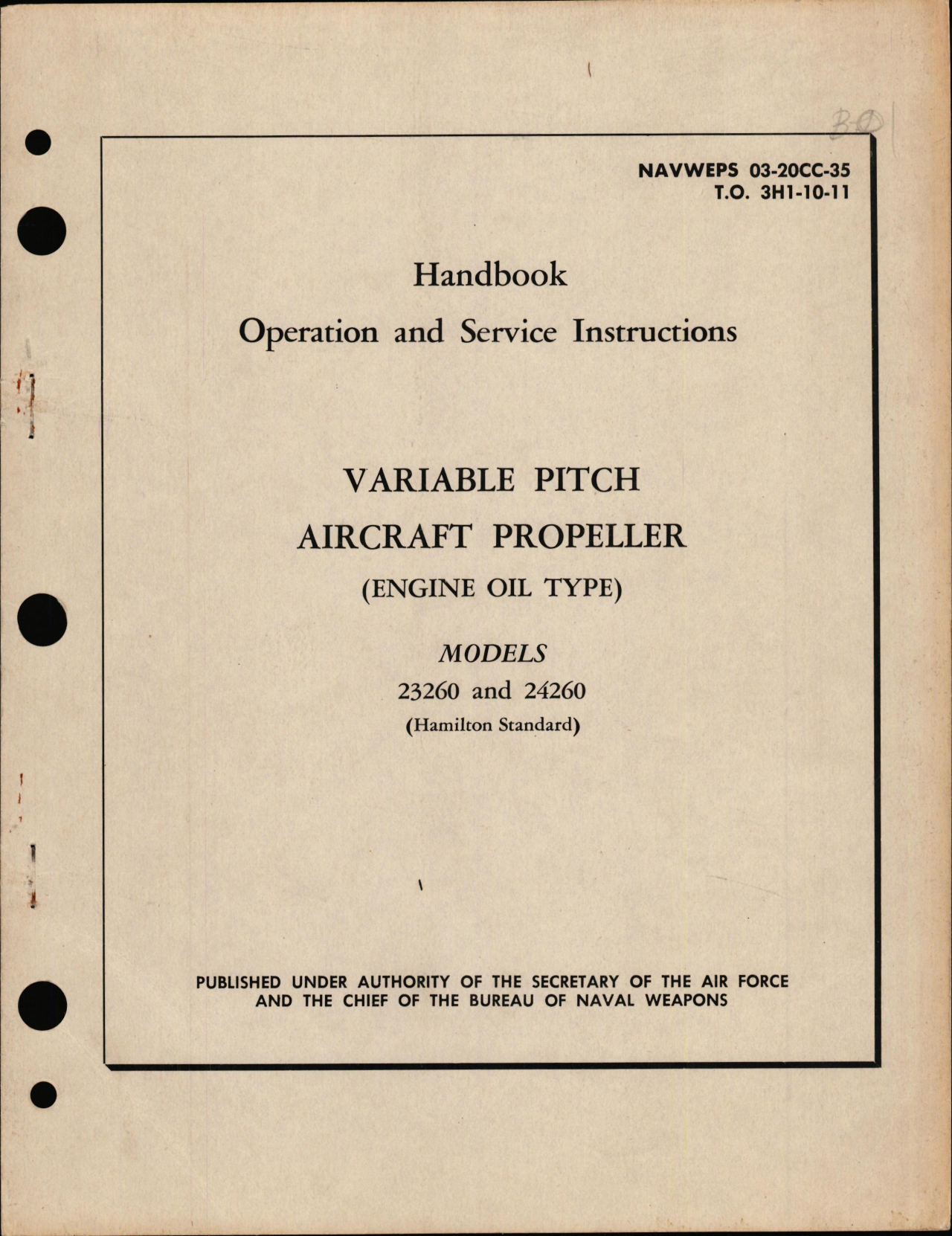 Sample page 1 from AirCorps Library document: Operation & Service Instructions for Variable Pitch Aircraft Propeller (Engine Oil Type) Models 23260 & 24260