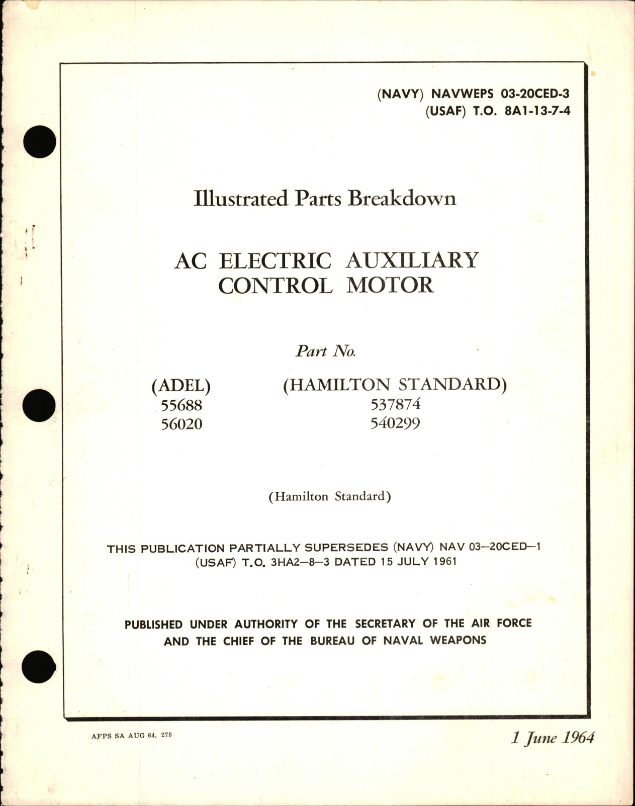 Sample page 1 from AirCorps Library document: Illustrated Parts Breakdown for AC Electric Auxiliary Motor Part Nos 55688, 56020, 537874, 540299