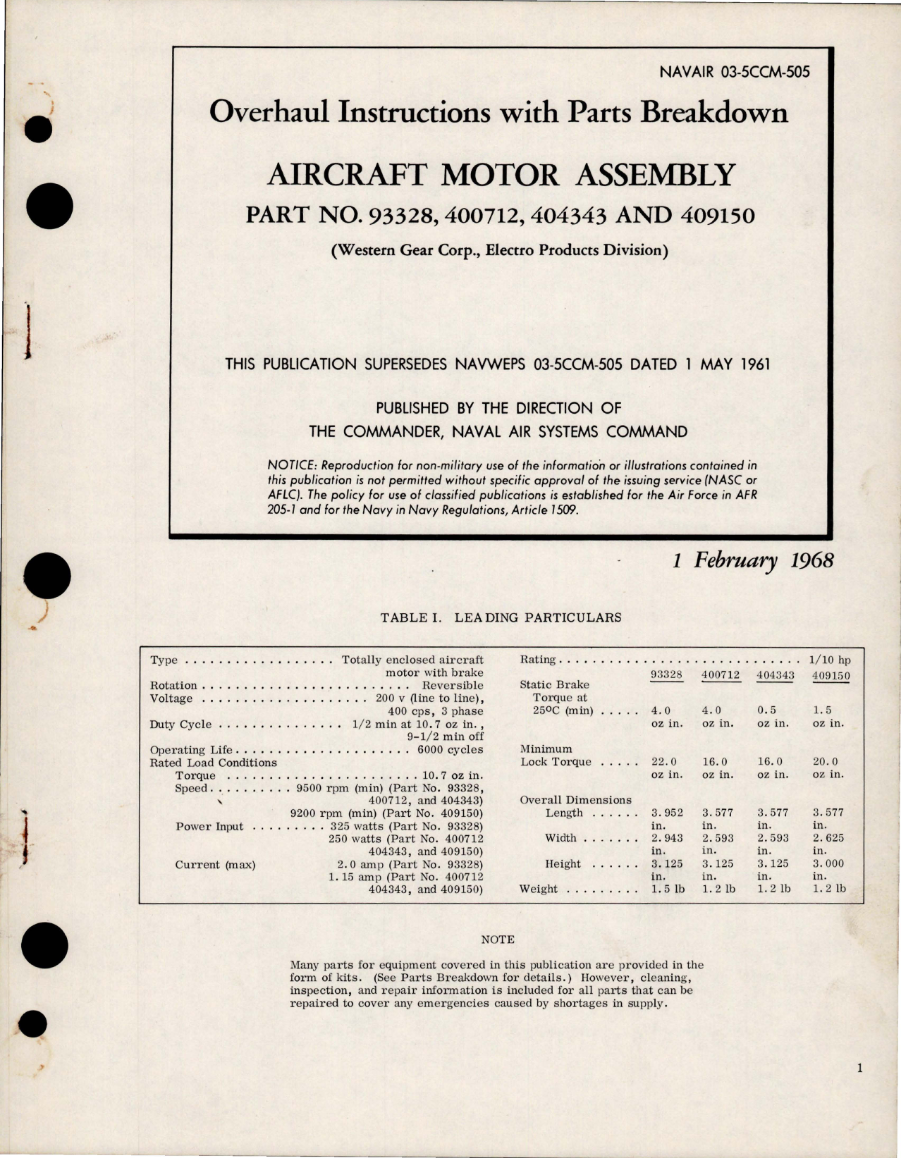 Sample page 1 from AirCorps Library document: Overhaul Instructions with Parts for Aircraft Motor Assembly - Part 93328, 400712, 404343 and 409150 