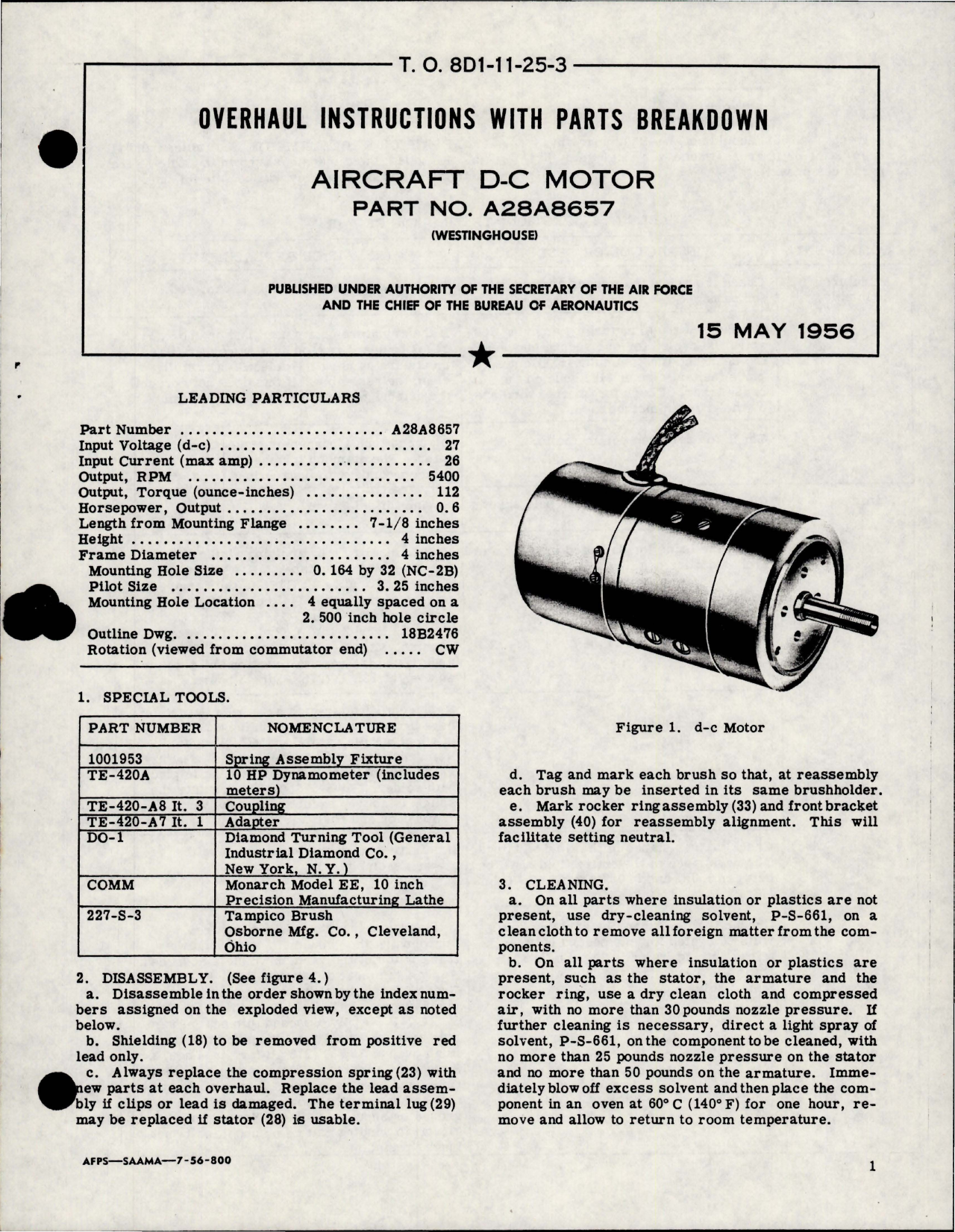 Sample page 1 from AirCorps Library document: Overhaul Instructions with Parts for Aircraft DC Motor - Part A28A8657 