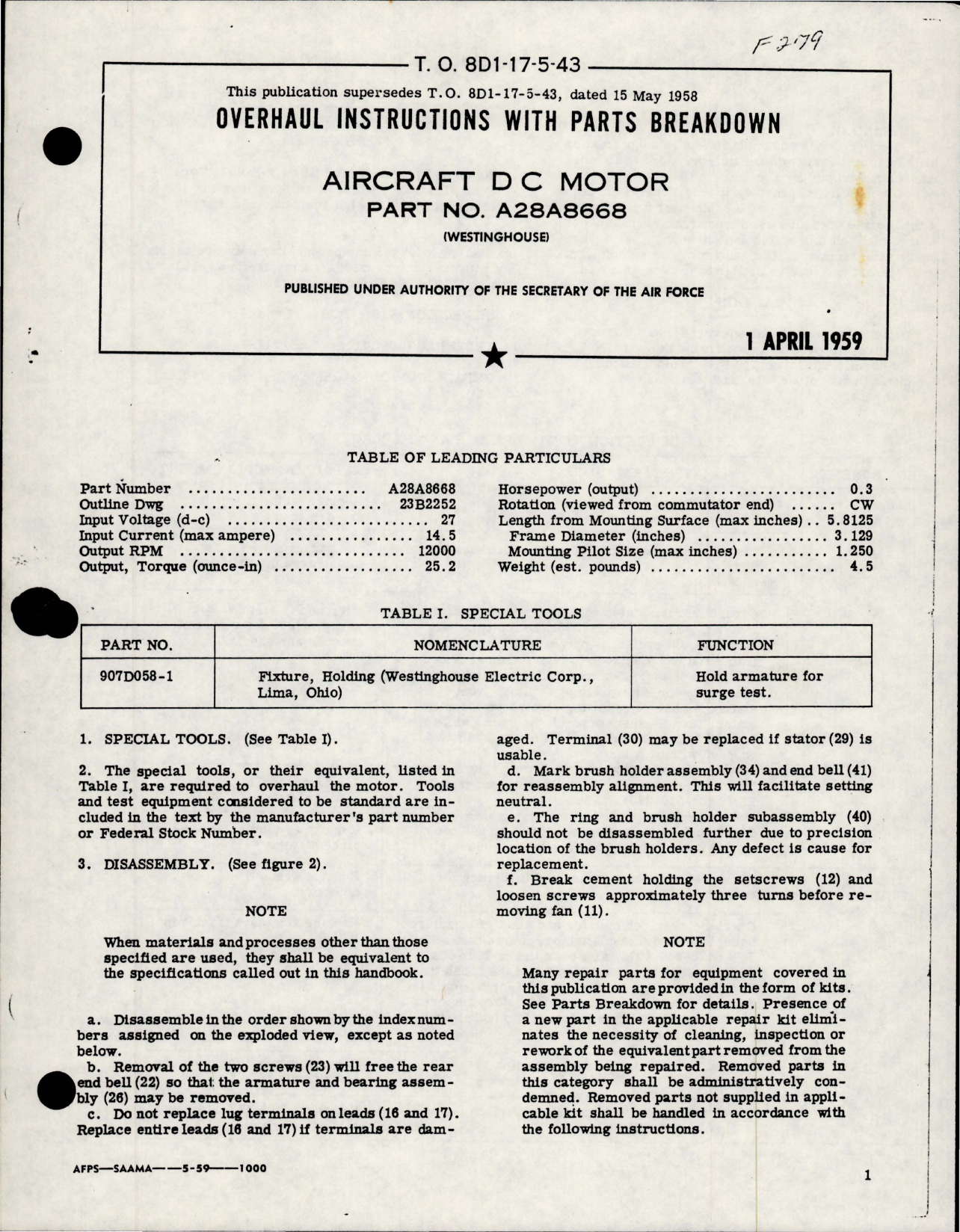 Sample page 1 from AirCorps Library document: Overhaul Instructions with Parts for DC Motor - Part A28A8668 