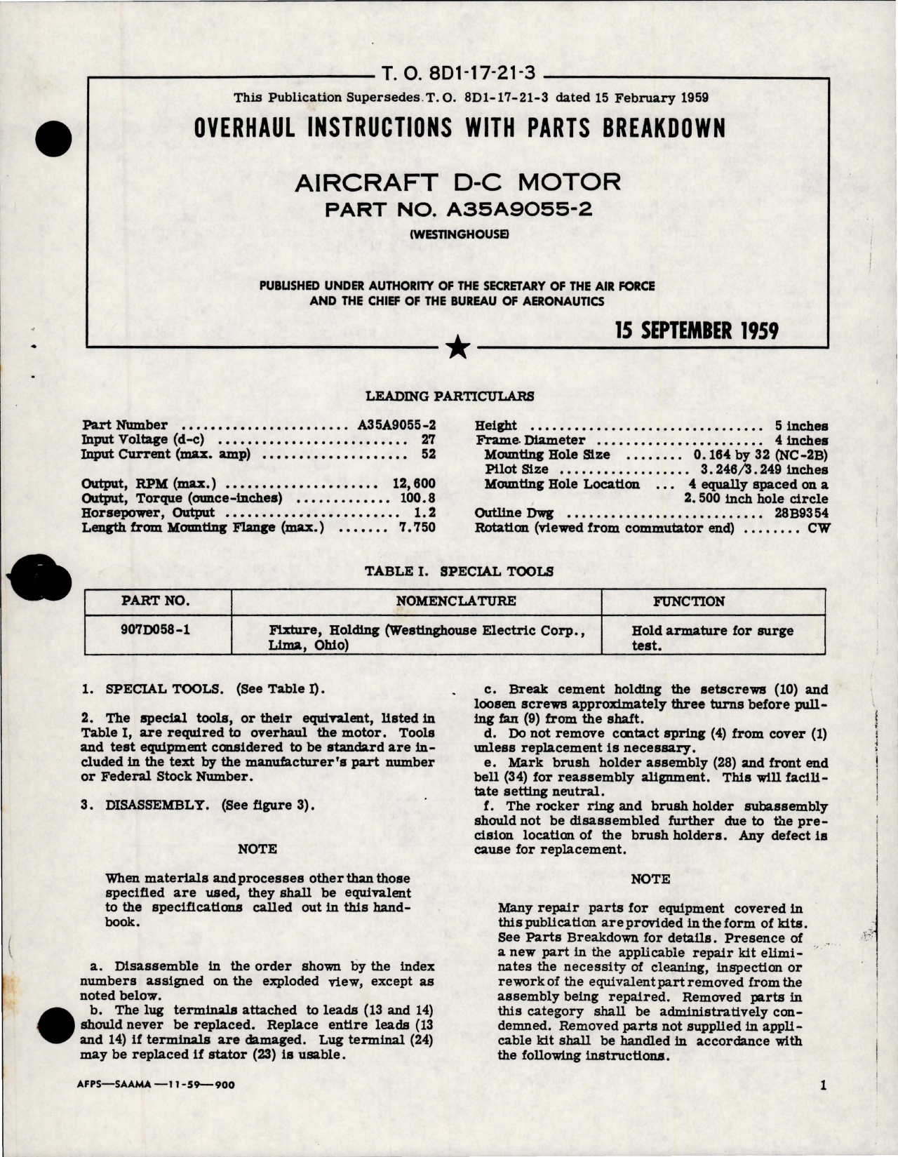 Sample page 1 from AirCorps Library document: Overhaul Instructions with Parts for DC Motor - Part A35A9055-2 