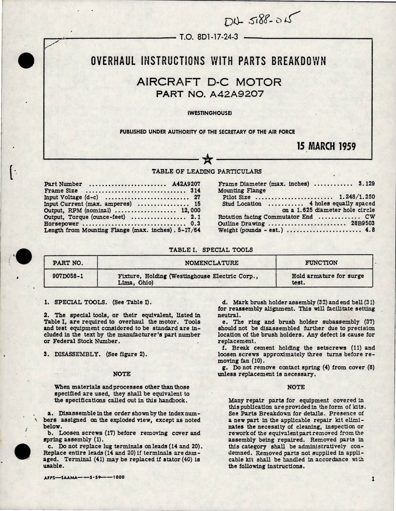 Sample page 1 from AirCorps Library document: Overhaul Instructions with Parts for DC Motor - Part A42A9207 