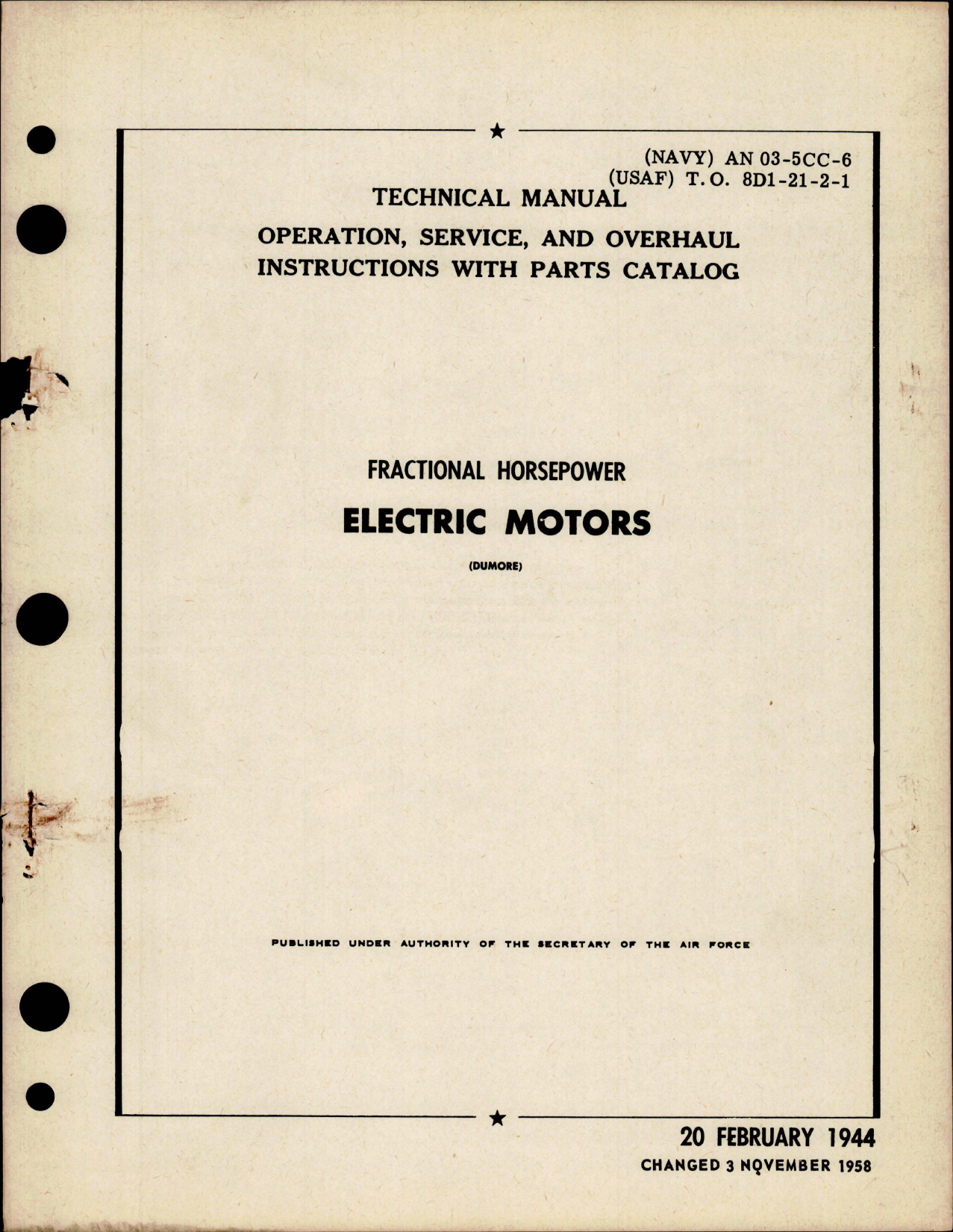Sample page 1 from AirCorps Library document: Operation, Service, Overhaul Instruction with Parts for Fractional Horsepower Electric Motors 
