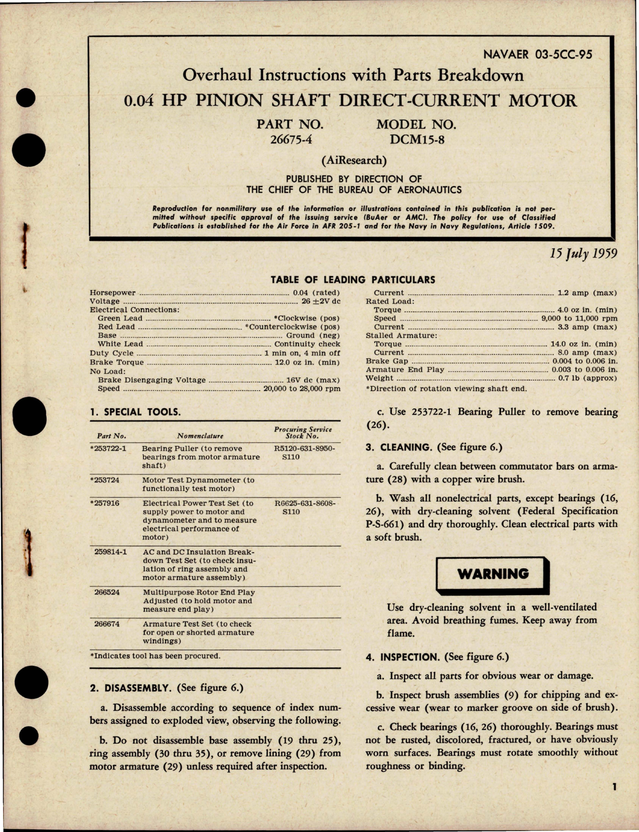 Sample page 1 from AirCorps Library document: Overhaul Instructions with Parts Breakdown for Pinion Shaft Direct Current Motor 0.04 HP - Part 26675-4 - Model DCM15-8