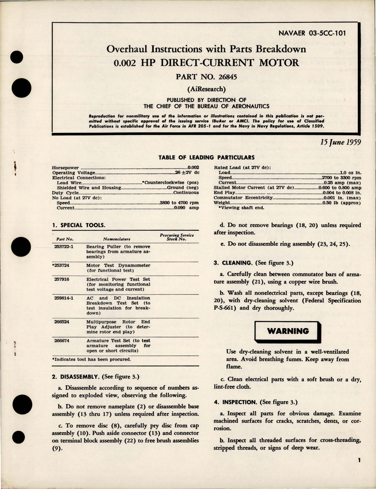 Sample page 1 from AirCorps Library document: Overhaul Instructions with Parts Breakdown for Direct Current Motor - 0.002 HP - Part 26845 
