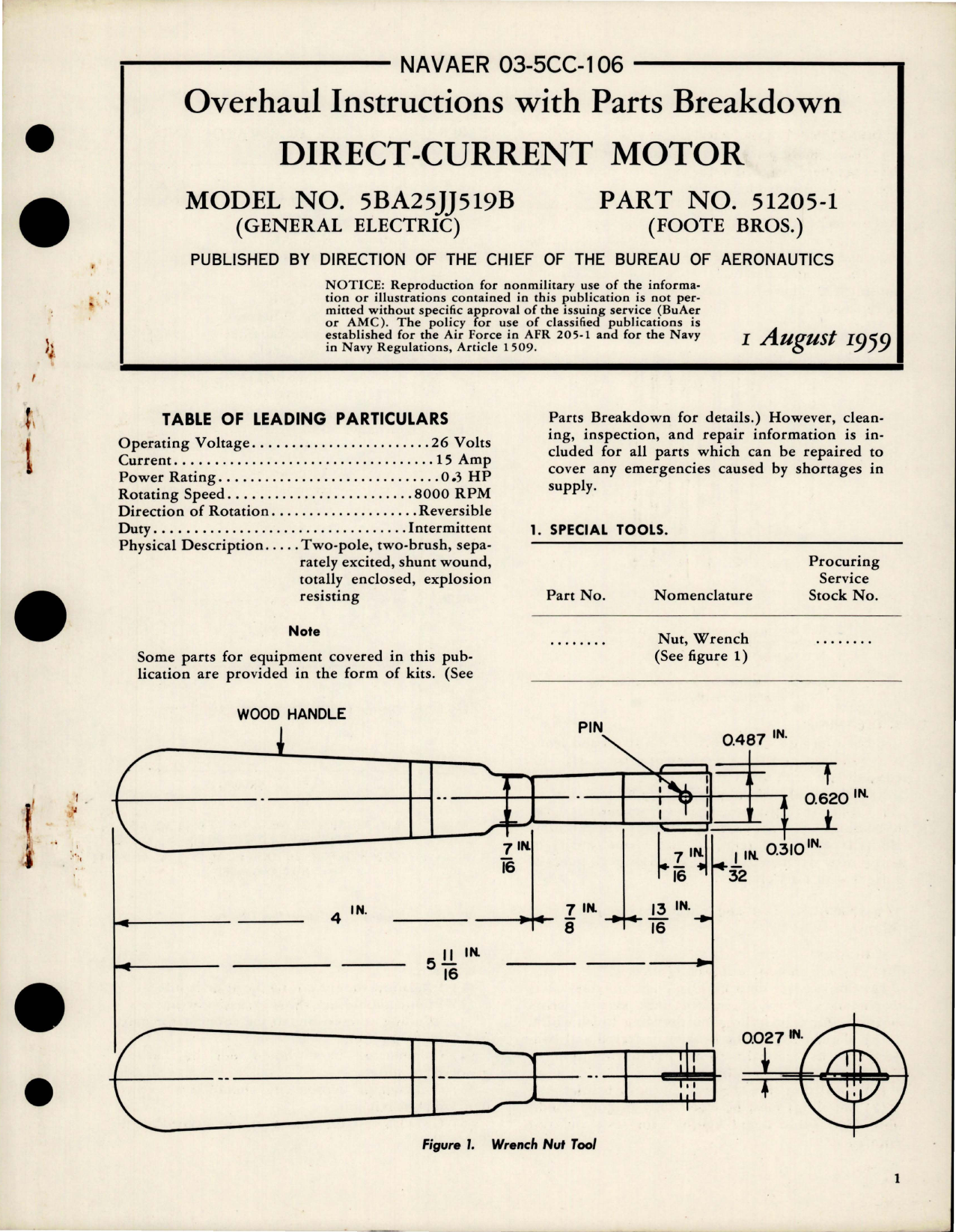 Sample page 1 from AirCorps Library document: Overhaul Instructions with Parts Breakdown for Direct Current Motor - Part 51205-1 - Model 5BA25JJ519B 