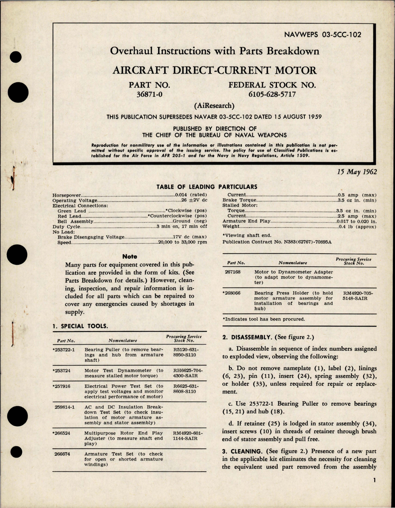 Sample page 1 from AirCorps Library document: Overhaul Instructions with Parts Breakdown for Direct Current Motor - Part 36871-0 