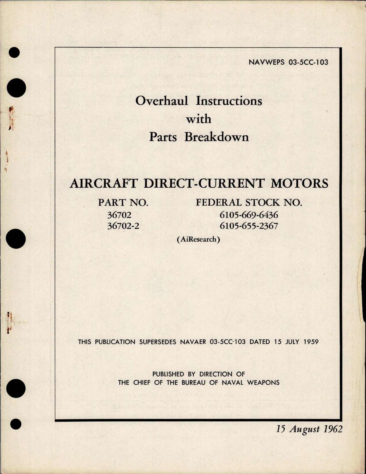 Sample page 1 from AirCorps Library document: Overhaul Instructions with Parts Breakdown for Direct Current Motors - Parts 36702, 36702-2 