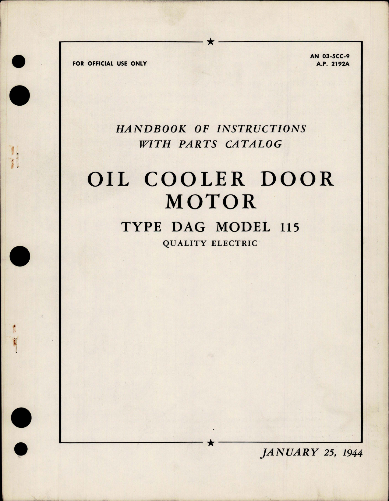 Sample page 1 from AirCorps Library document: Handbook of Instruction with Parts Catalog for Oil Cooler Door Motor - Type DAG Model 115 