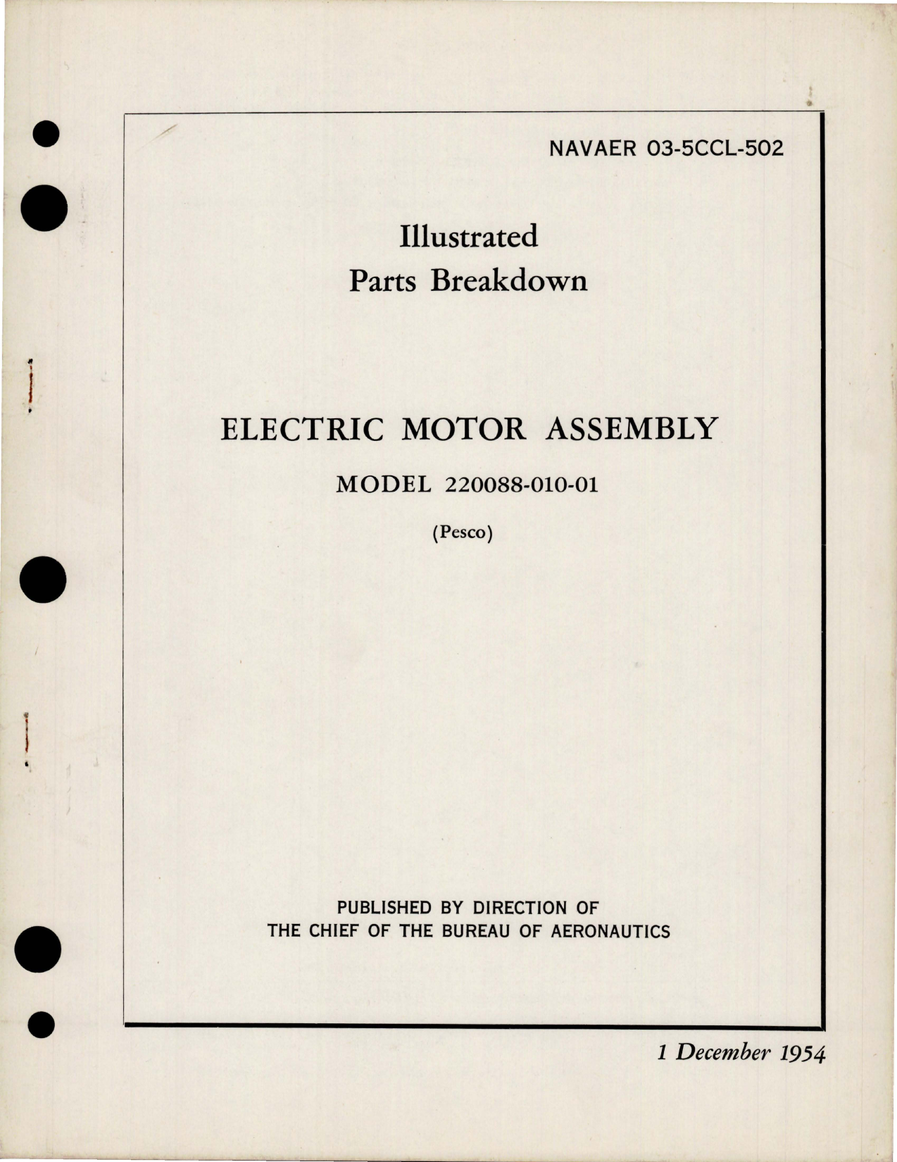 Sample page 1 from AirCorps Library document: Parts Breakdown for Electric Motor Assembly - Model 220088-010-01