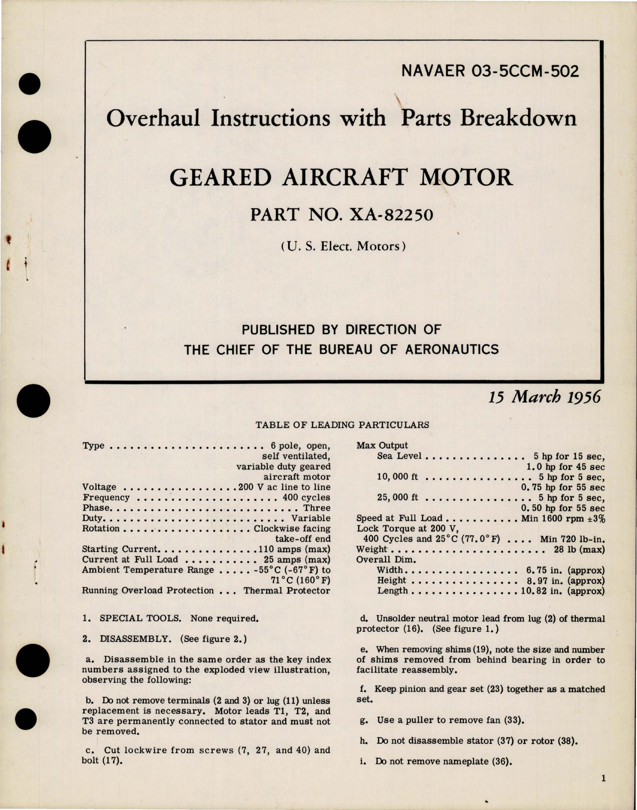 Sample page 1 from AirCorps Library document: Overhaul Instructions with Parts Breakdown for Geared Aircraft Motor - Part XA-82250 