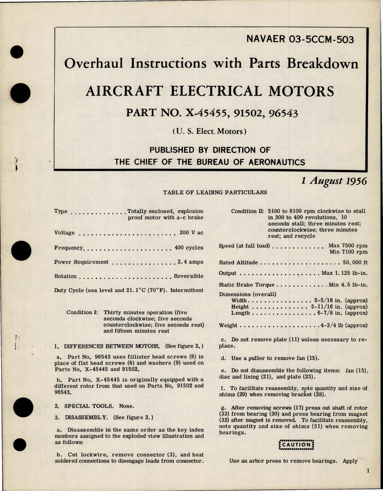 Sample page 1 from AirCorps Library document: Overhaul Instructions with Parts Breakdown for Electrical Motors - Part X-45455, 91502, 96543 