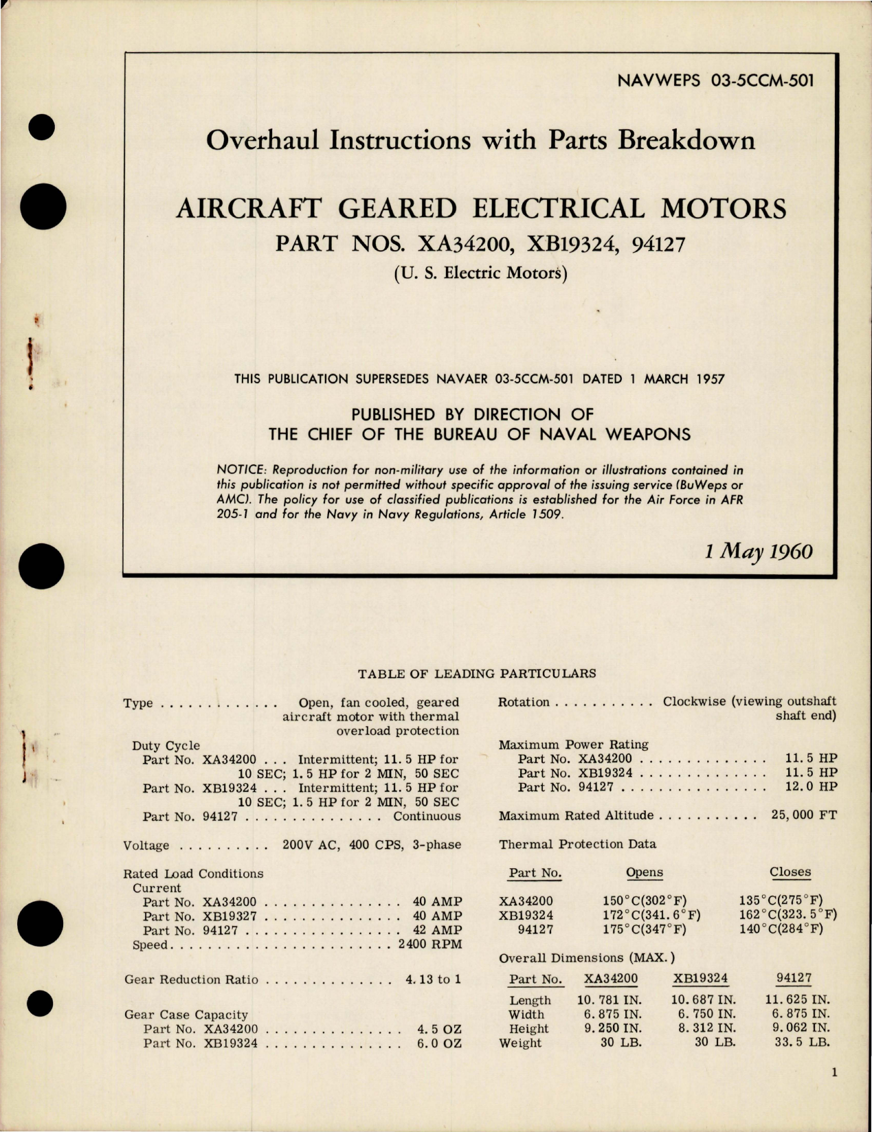 Sample page 1 from AirCorps Library document: Overhaul Instructions with Parts for Geared Electrical Motors - Parts XA34200, XB19324, 9412 