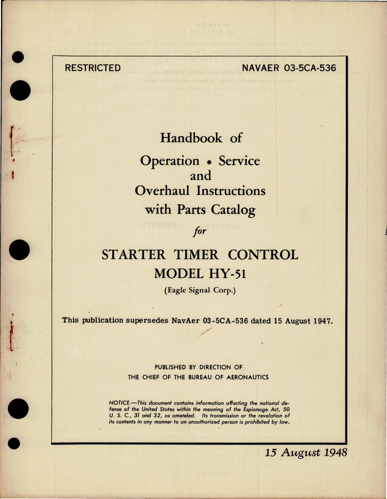 Sample page 1 from AirCorps Library document: Operation, Service, Overhaul Instructions with Parts for Starter Timer Control - Model HY-51 