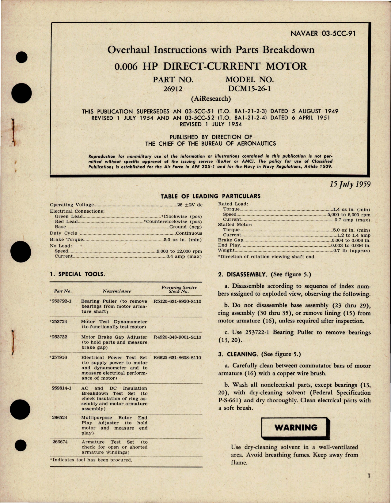 Sample page 1 from AirCorps Library document: Overhaul Instructions with Parts Breakdown for Direct Current Motor 0.006 HP - Part 26912 - Model DCM15-26-1
