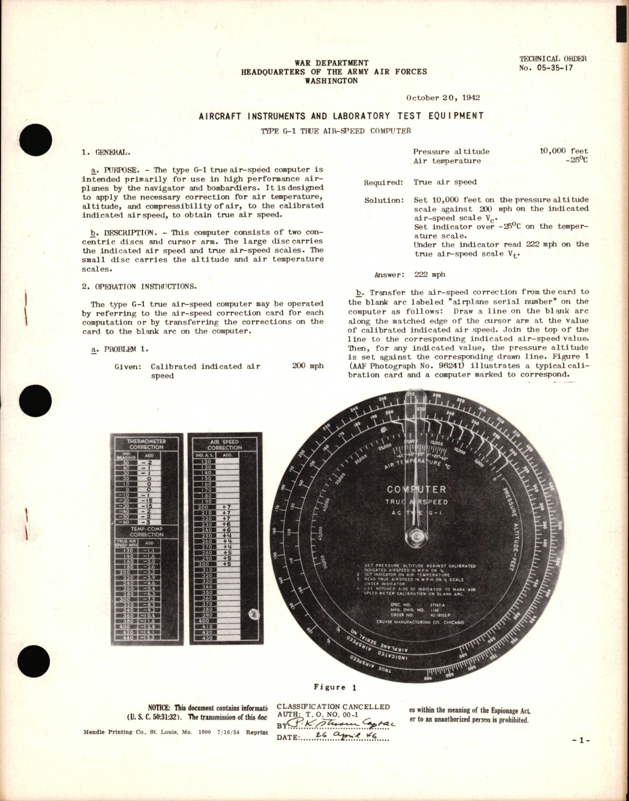 Sample page 1 from AirCorps Library document: Type G-1 True Air-Speed Computer