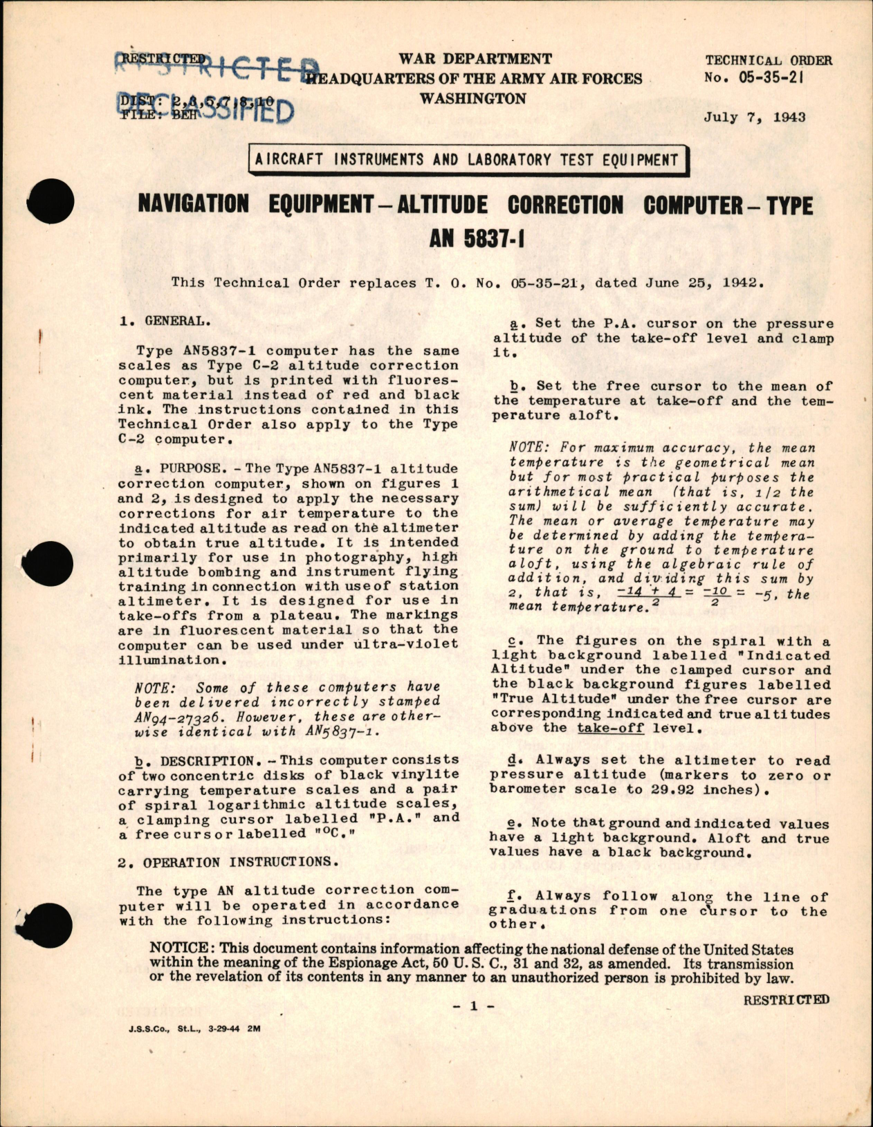 Sample page 1 from AirCorps Library document: Altitude Correction Computer - Type AN 5837-1