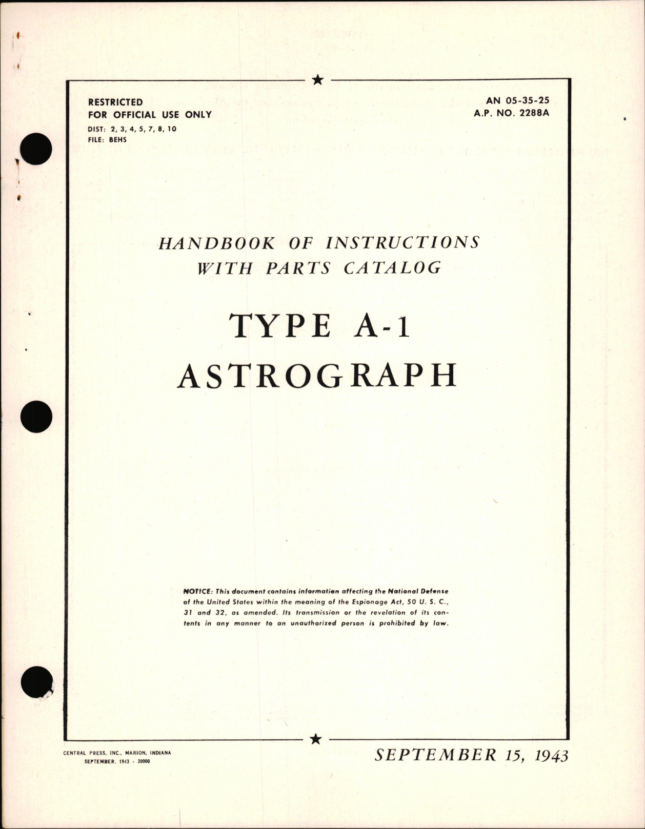 Sample page 1 from AirCorps Library document: Instructions with Parts Catalog for Type A-1 Astrograph