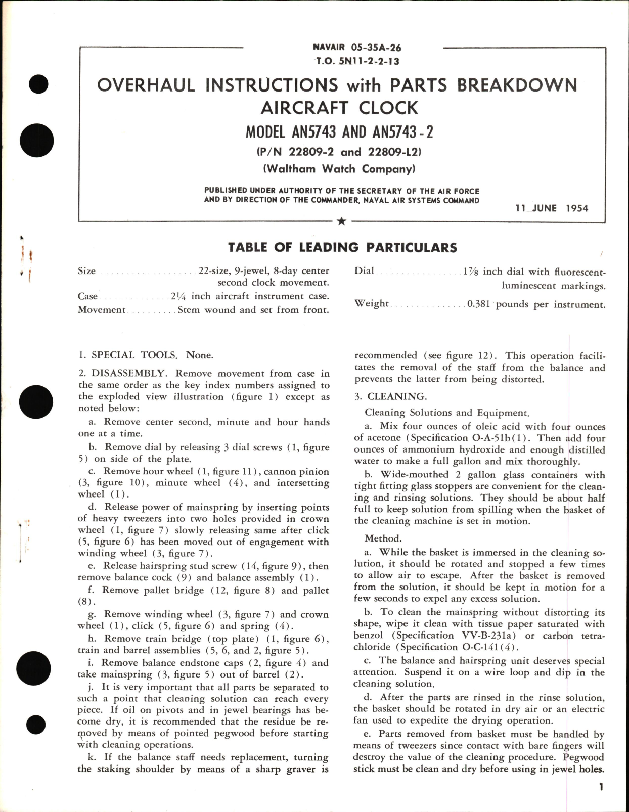Sample page 1 from AirCorps Library document: Overhaul Instructions with Parts Breakdown for Aircraft Clock Part Nos. 22809-2 & 22809-L2