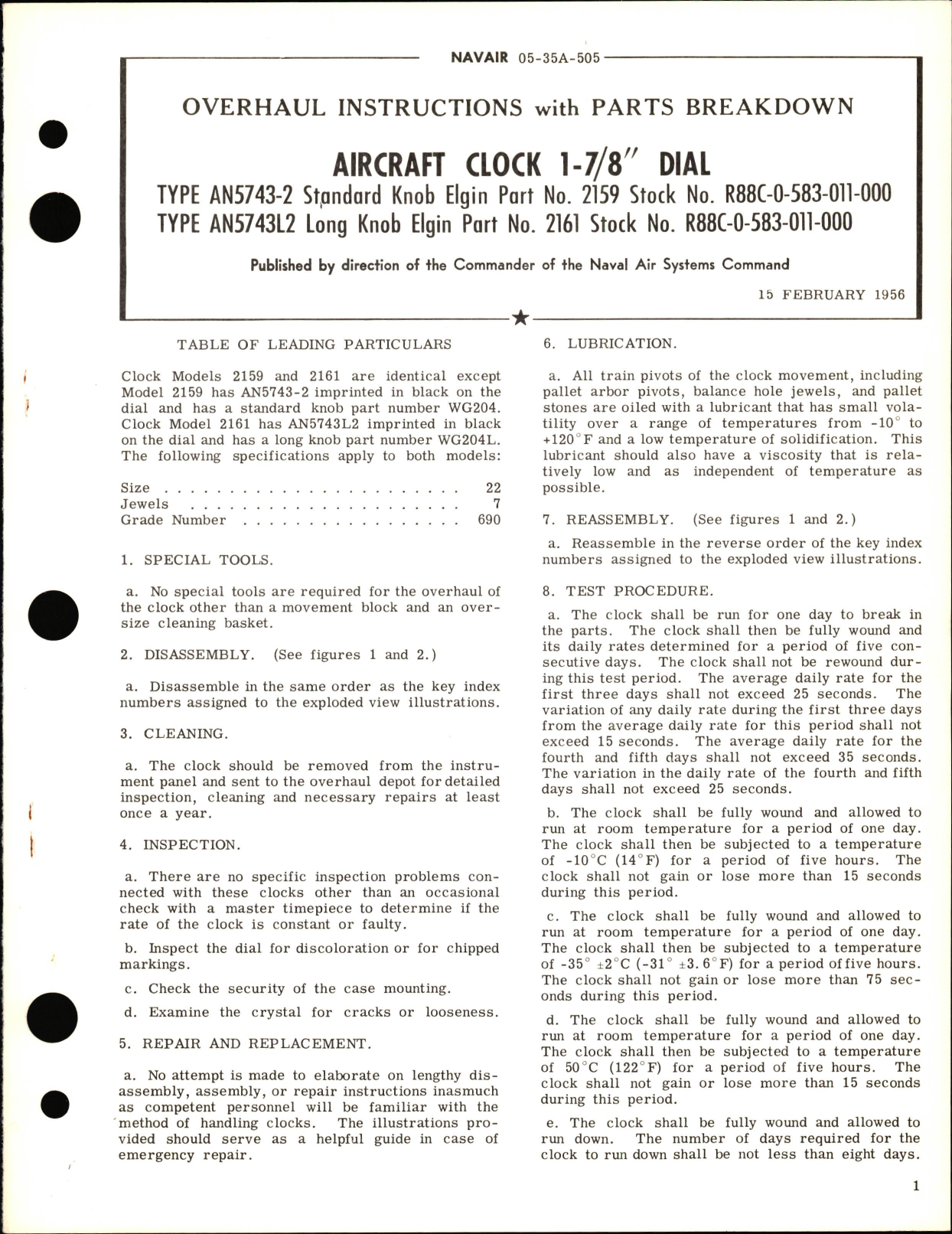 Sample page 1 from AirCorps Library document: Overhaul Instructions with Parts Breakdown for Aircraft Clock 1 7/8th In. Dial Standard Knob Part No. 2159, Long Knob Part No. 2161