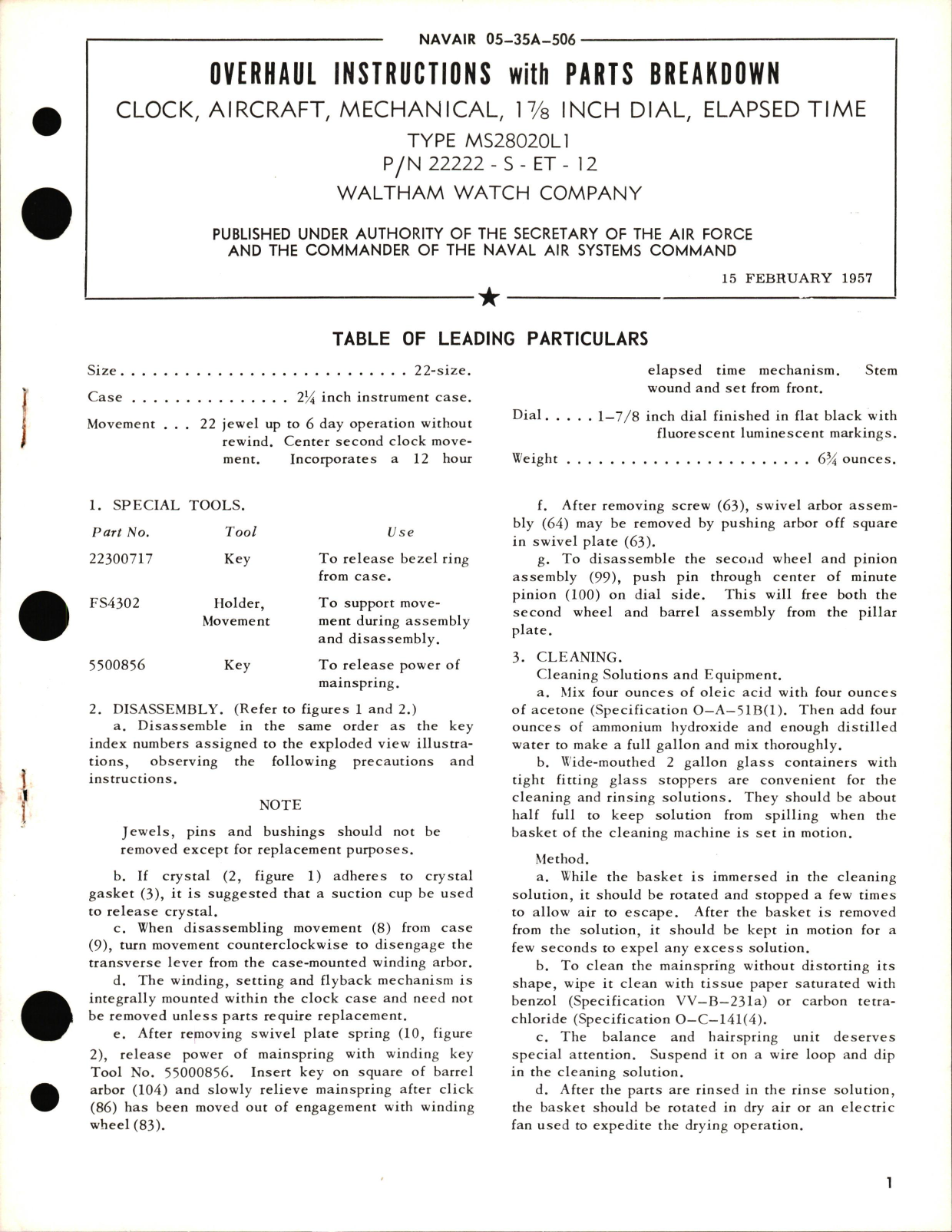 Sample page 1 from AirCorps Library document: Overhaul Instructions with Parts Breakdown for Aircraft Mechanical Clock 1 7/8th In Dial, Elapsed Time Part No. 22222-S-ET-12