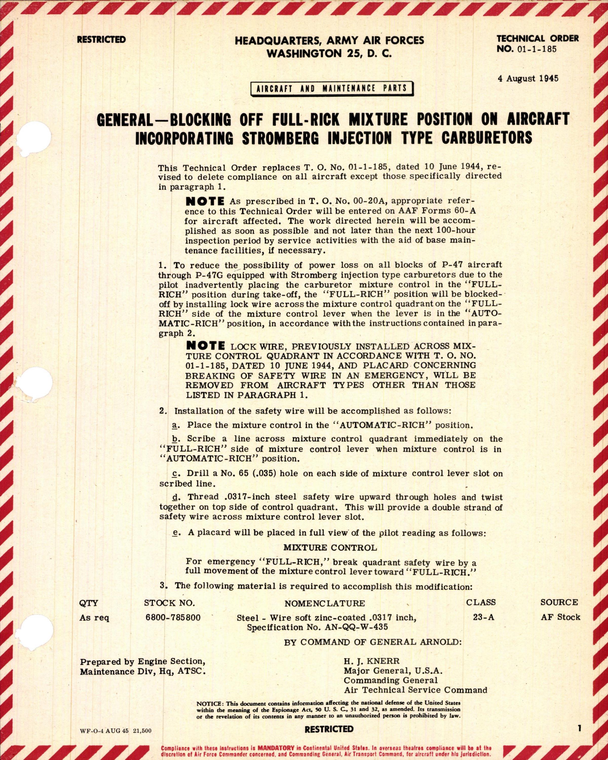 Sample page 1 from AirCorps Library document: Blocking Off Full-Rick Mixture Position on Aircraft with Stromberg Injection Type Carburetors