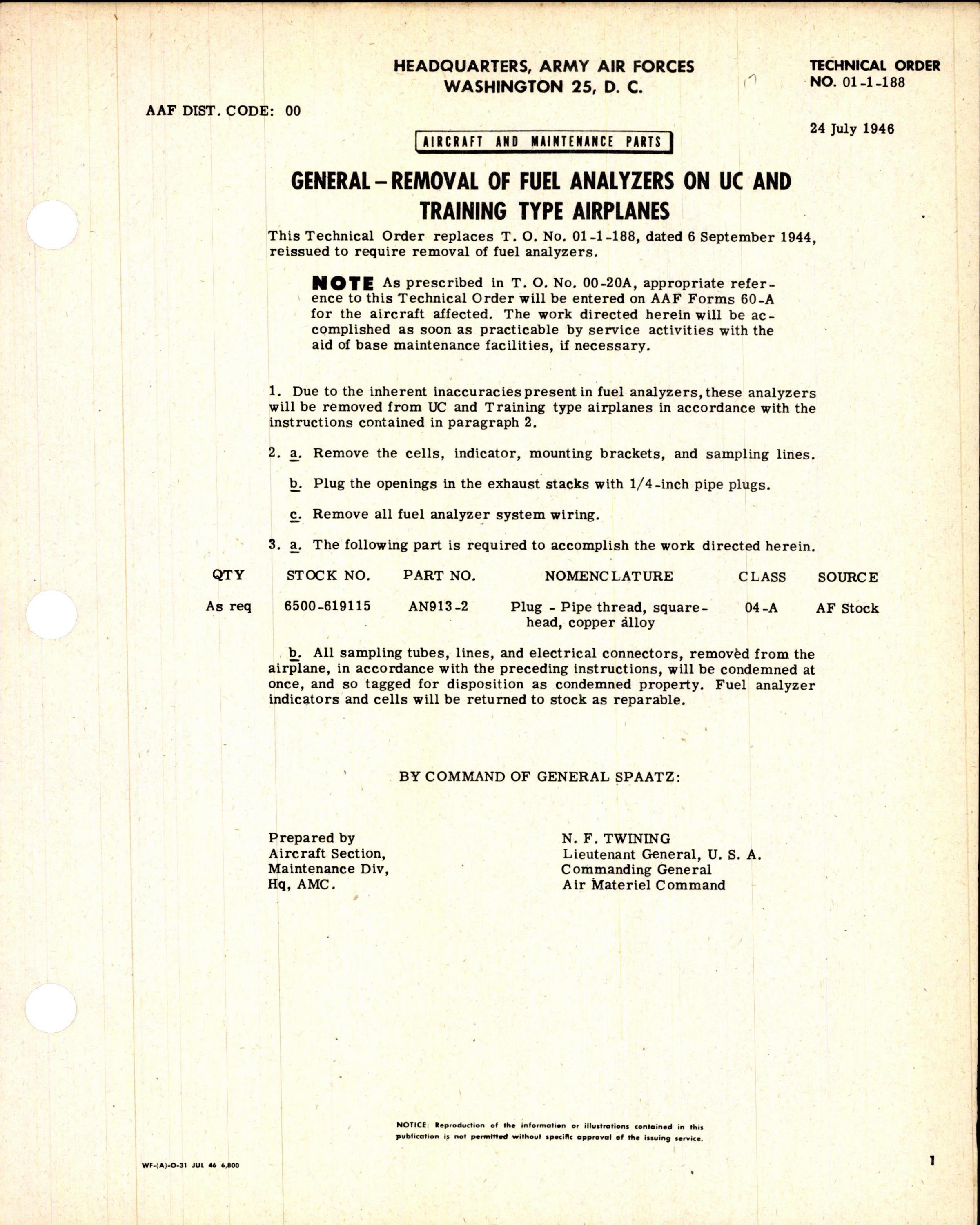 Sample page 1 from AirCorps Library document: Removal of Fuel Analyzers on UC and Training Type Airplanes