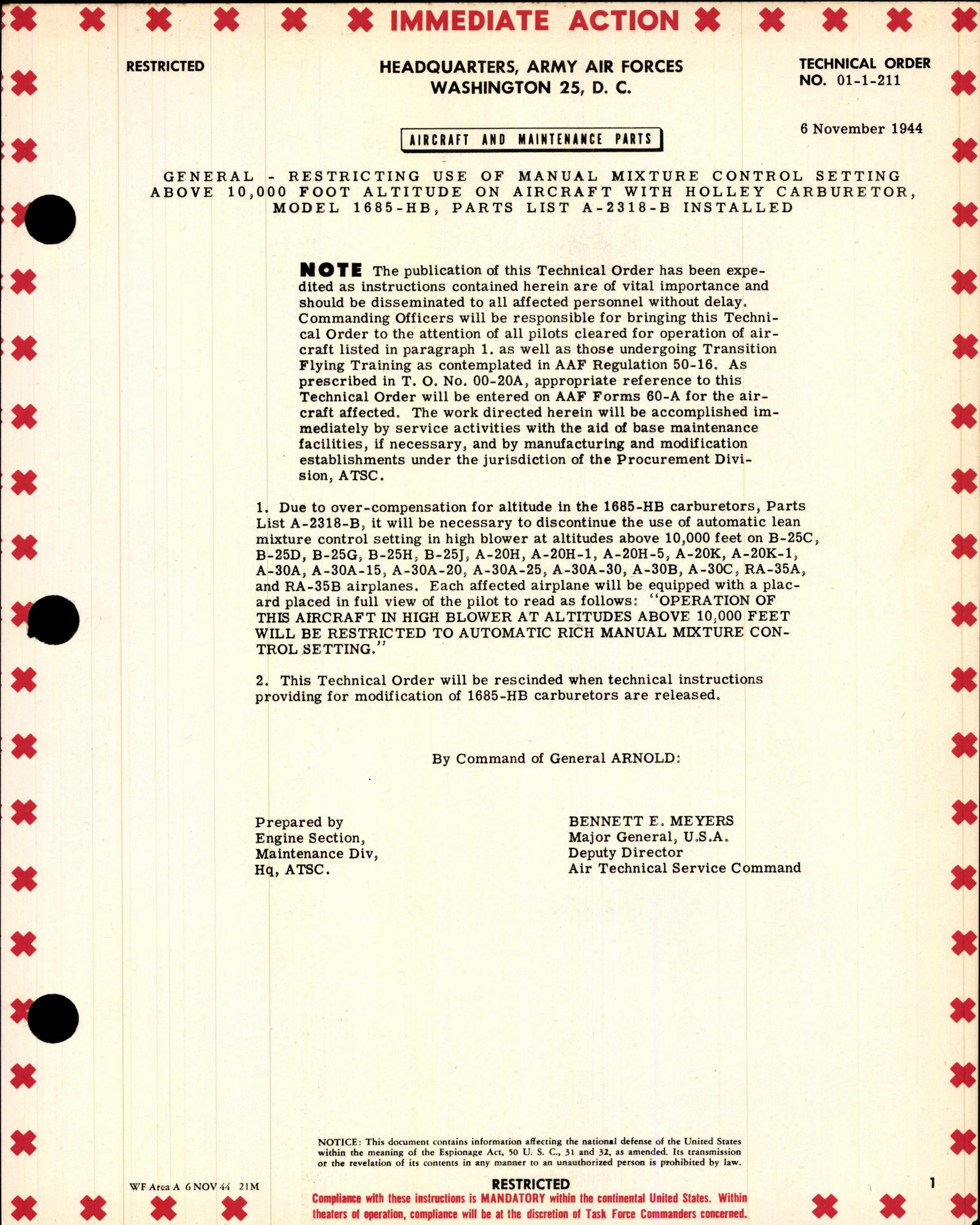 Sample page 1 from AirCorps Library document: Restricting Use of Manual Mixture Control Setting Above 10,000 Ft Altitude